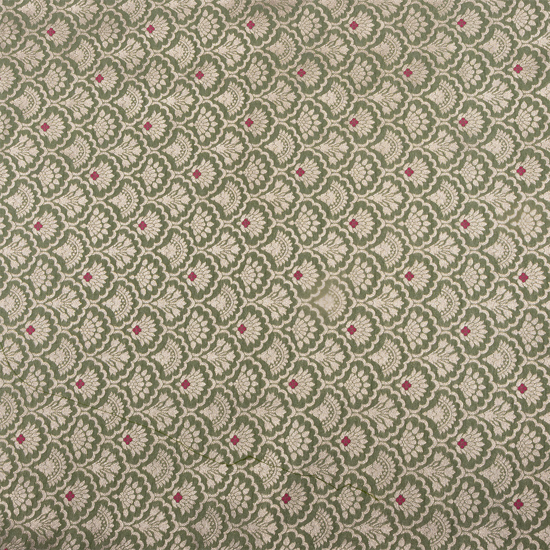 Muted Green Floral Zari Jamawar Silk Fabric