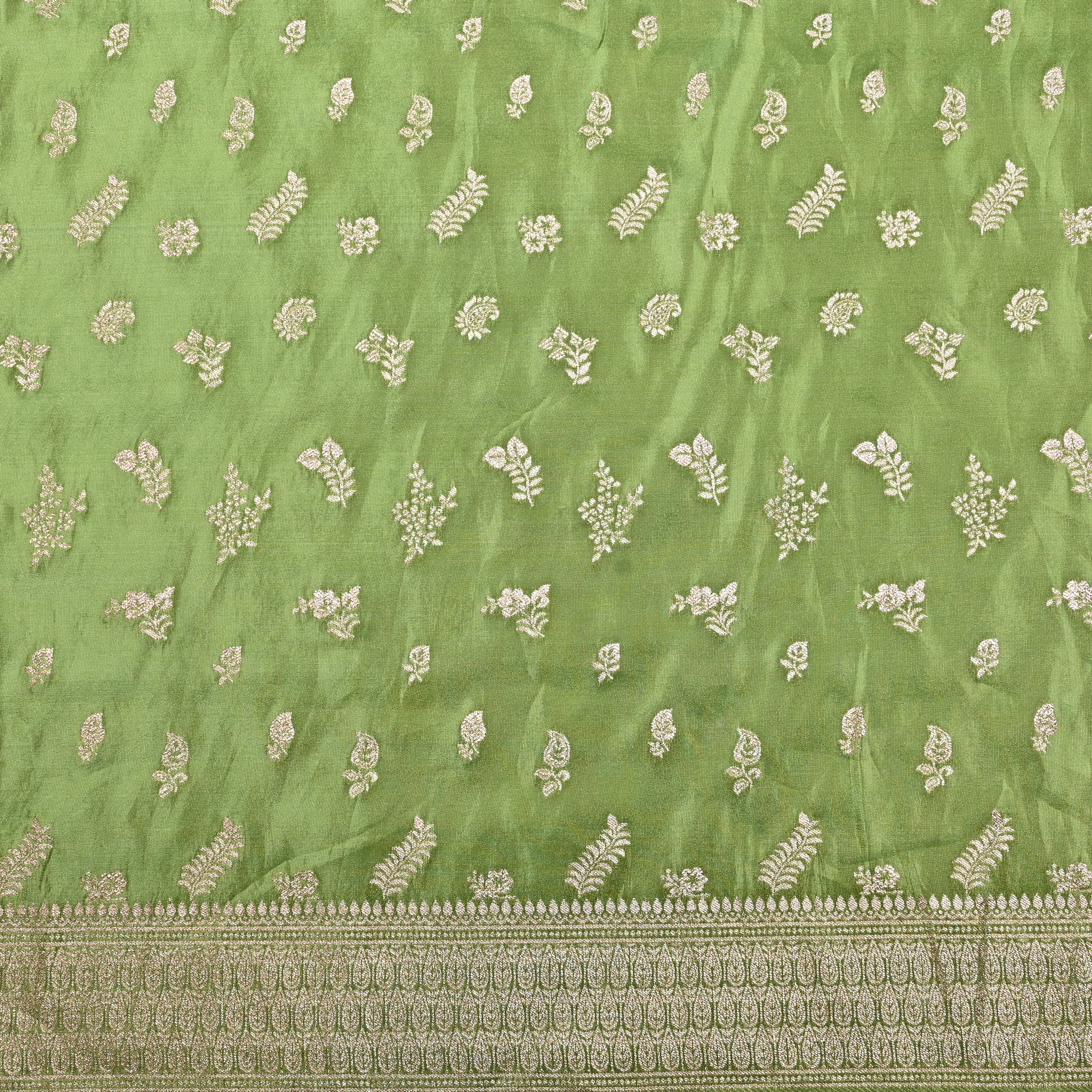 Mahendi Green Jamawar Tissue Fabric With Designer Border