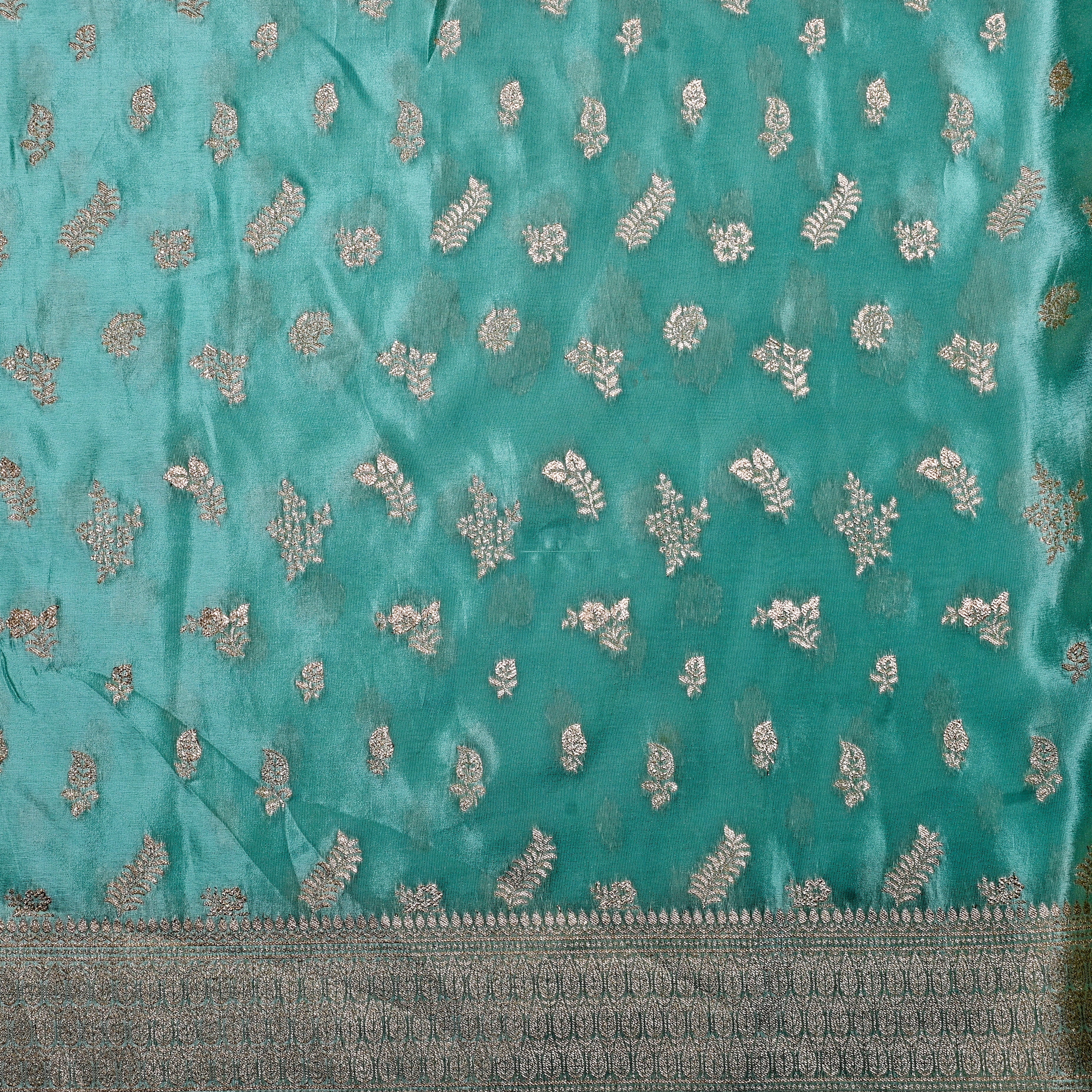Bright Teal Jamawar Tissue Fabric With Designer Border