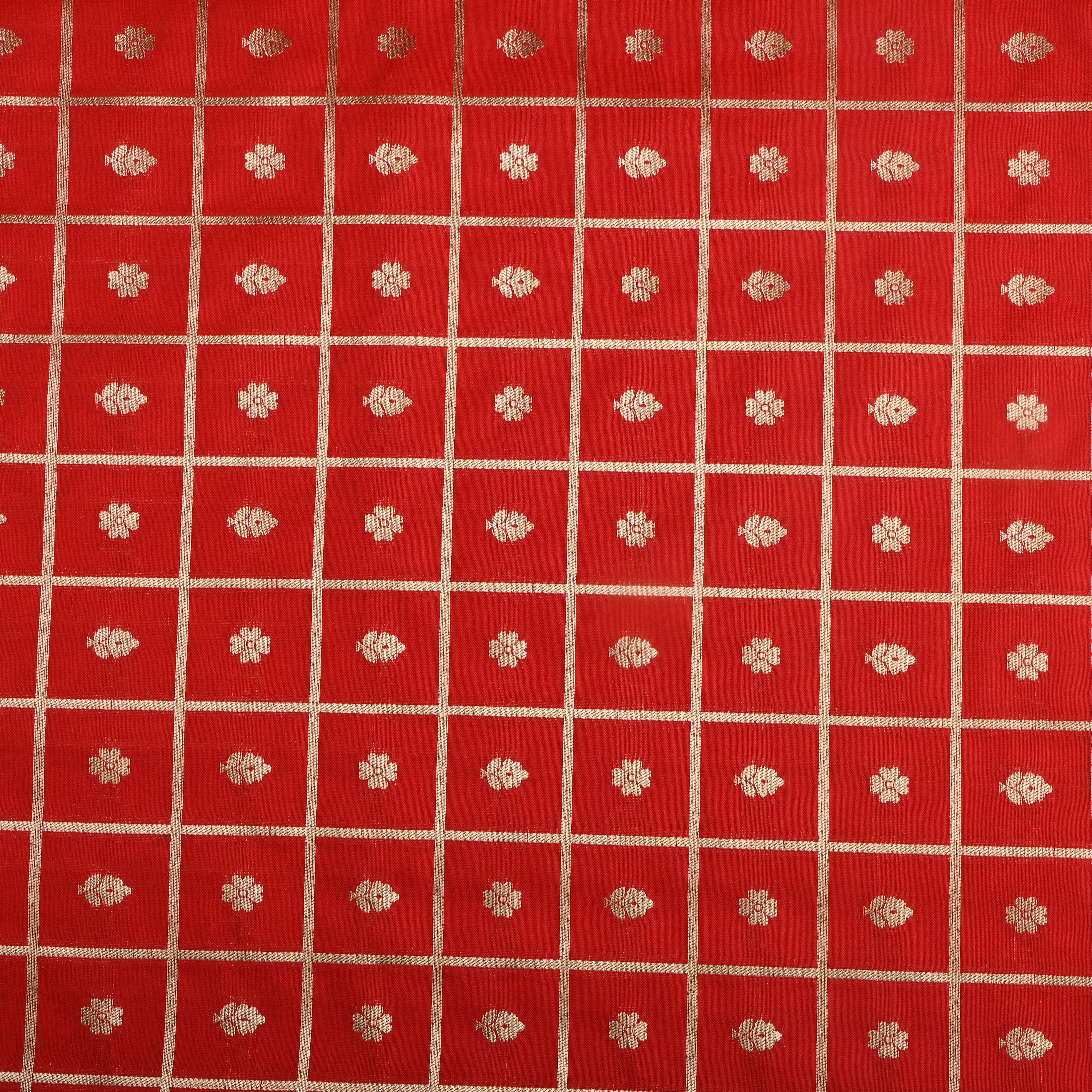 Bright Red Floral Zari Silk Fabric