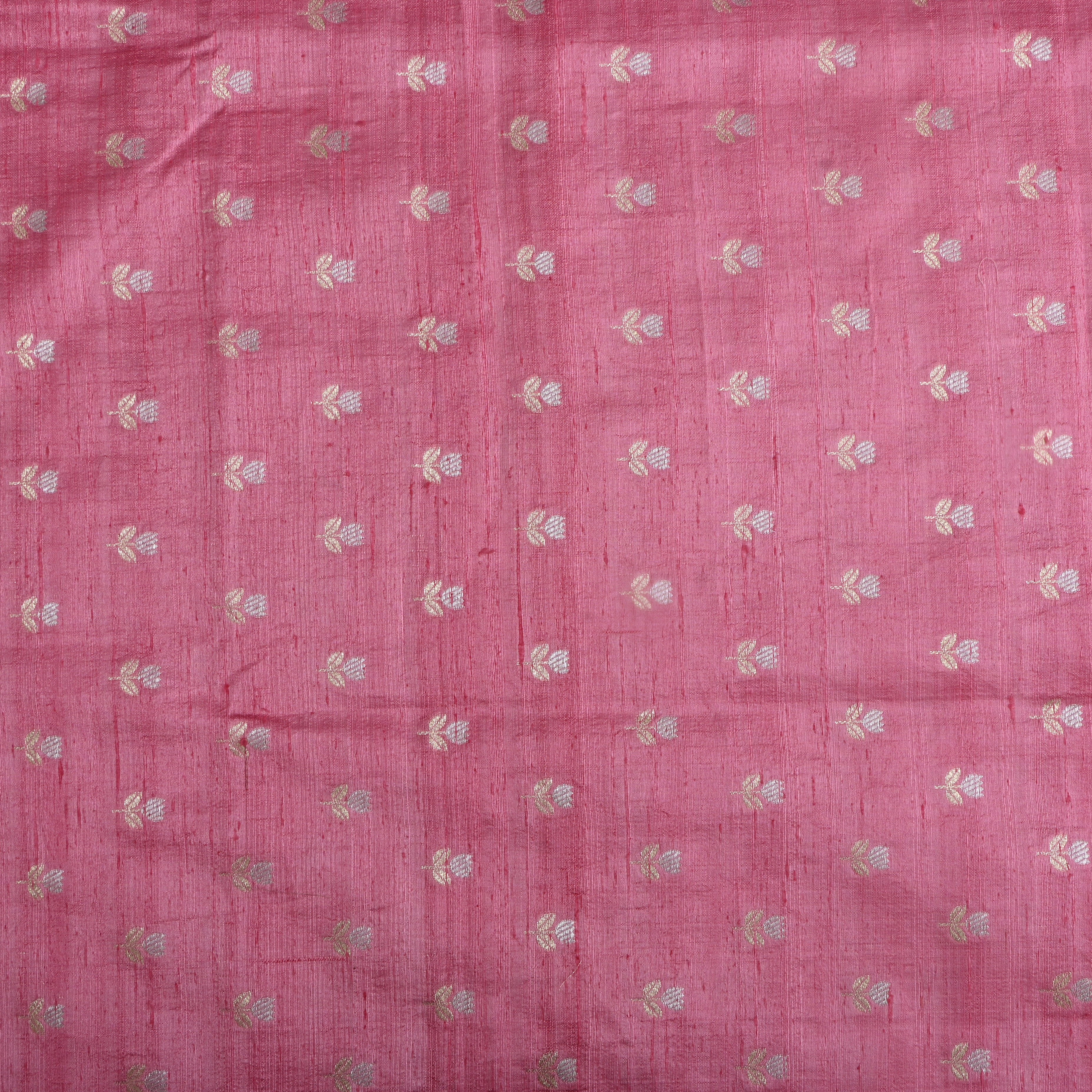Flamingo Pink Floral Zari Dupion Silk Fabric