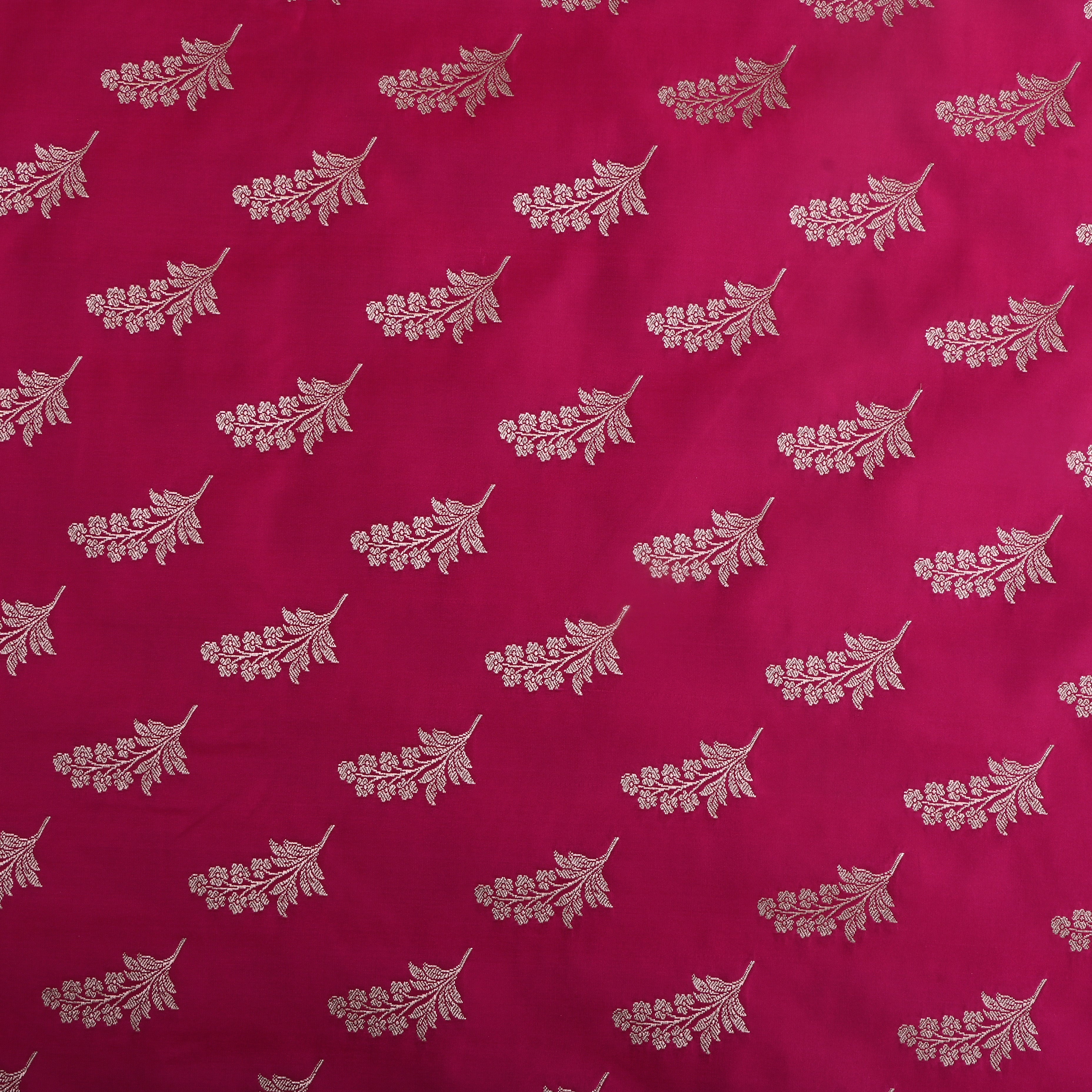 Bright Pink Floral Zari Satin Fabric