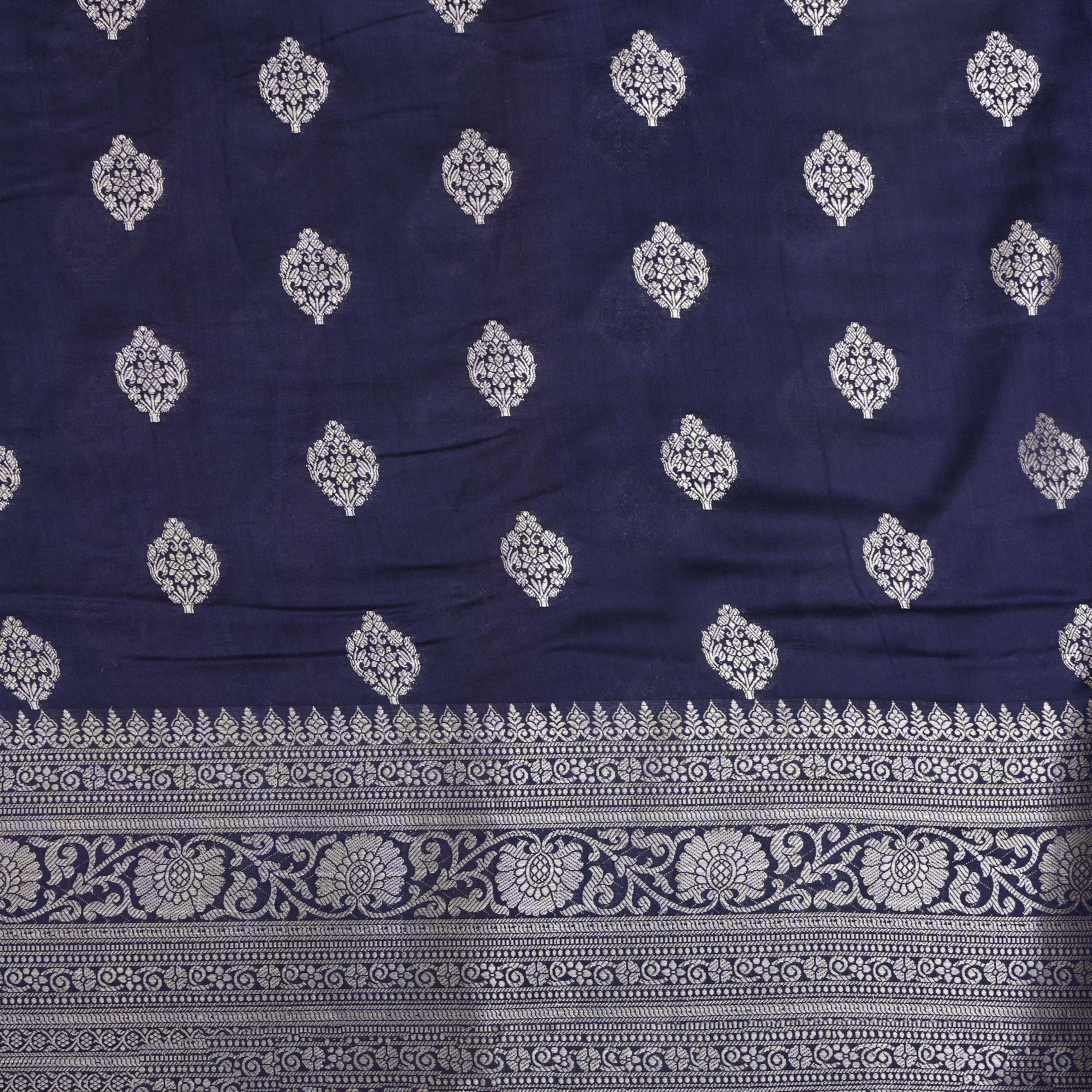 Navy Blue Floral Silver Zari Silk Fabric