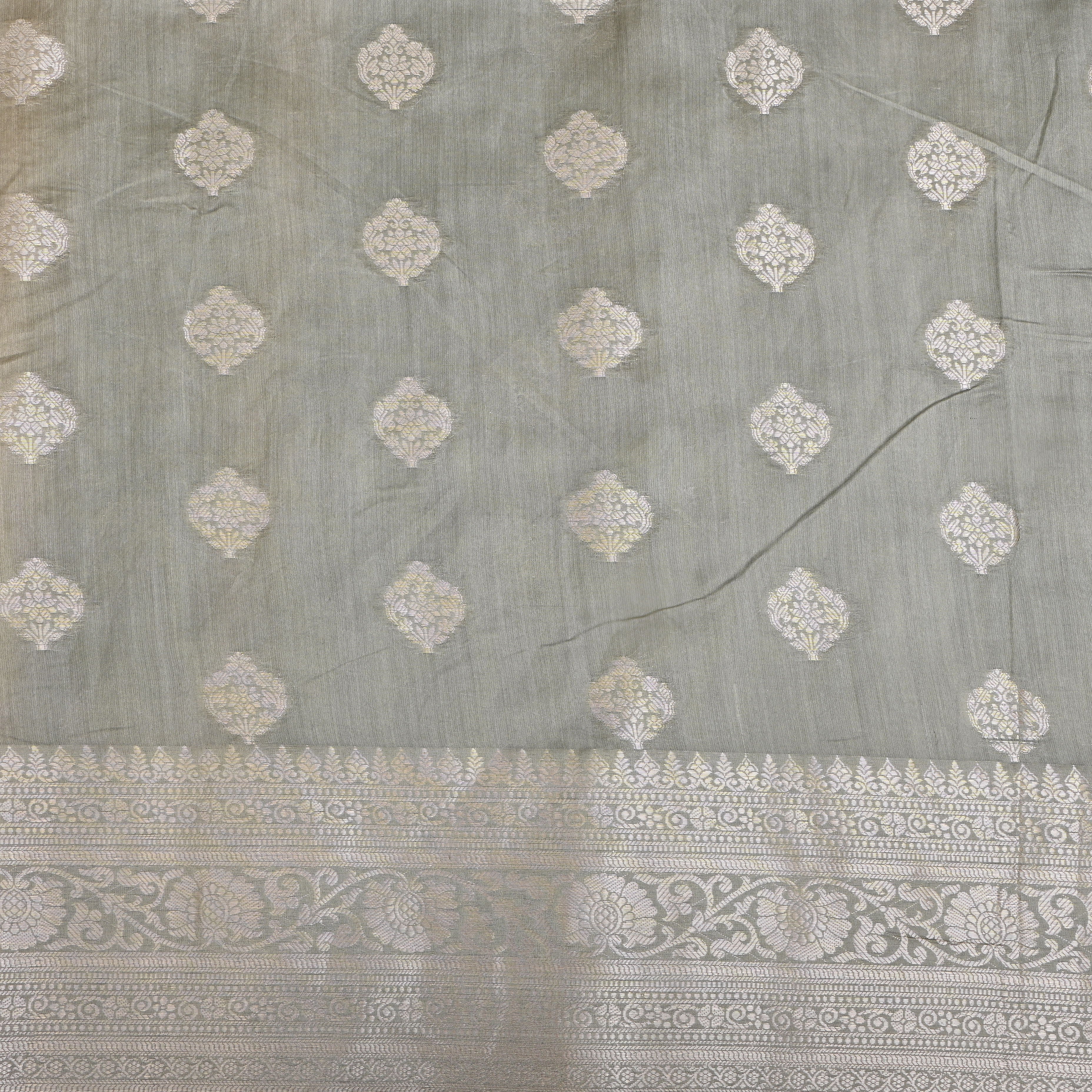 Grey Floral Silver Zari Silk Fabric