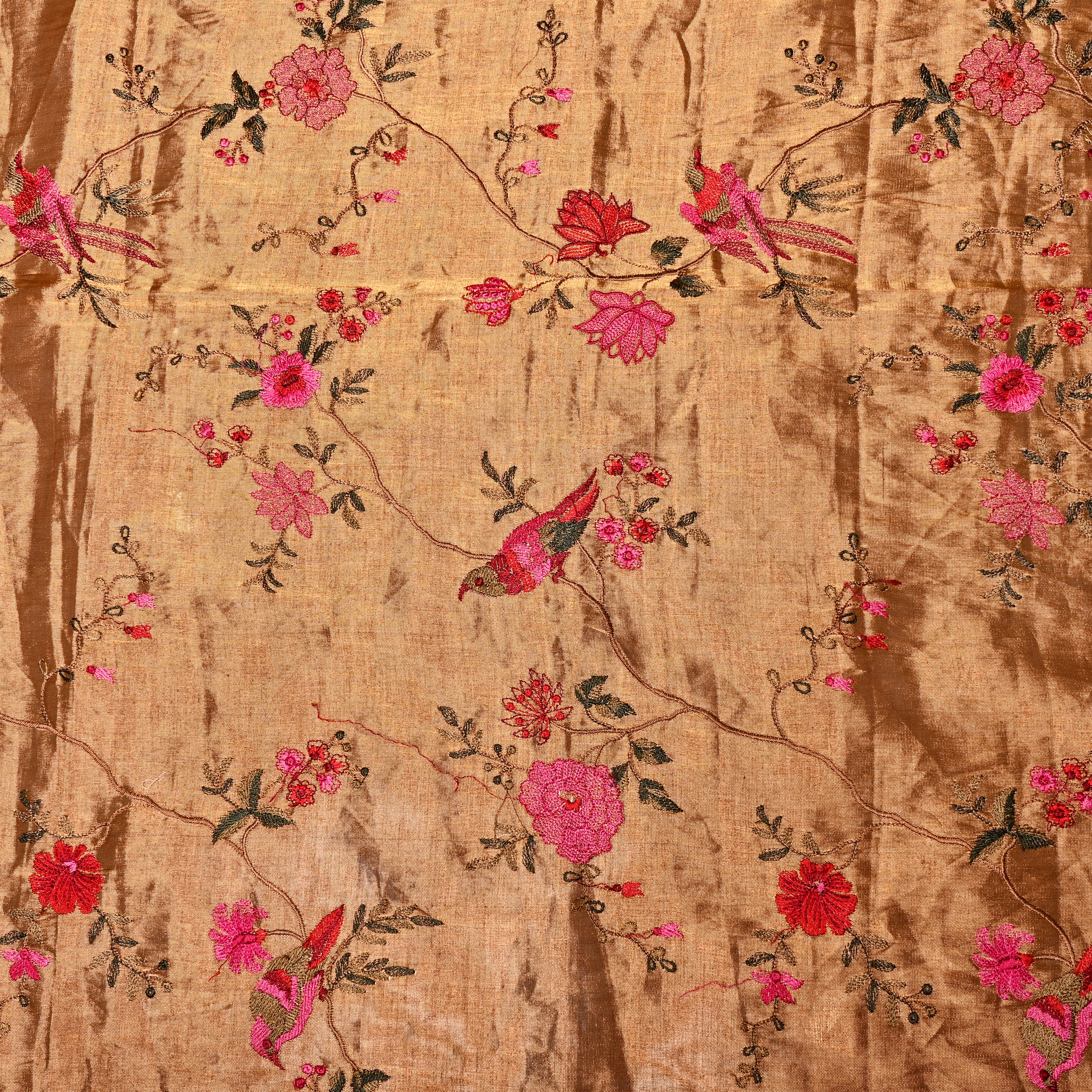 Gold Tissue Fabric With Coloured Thread Embroidery