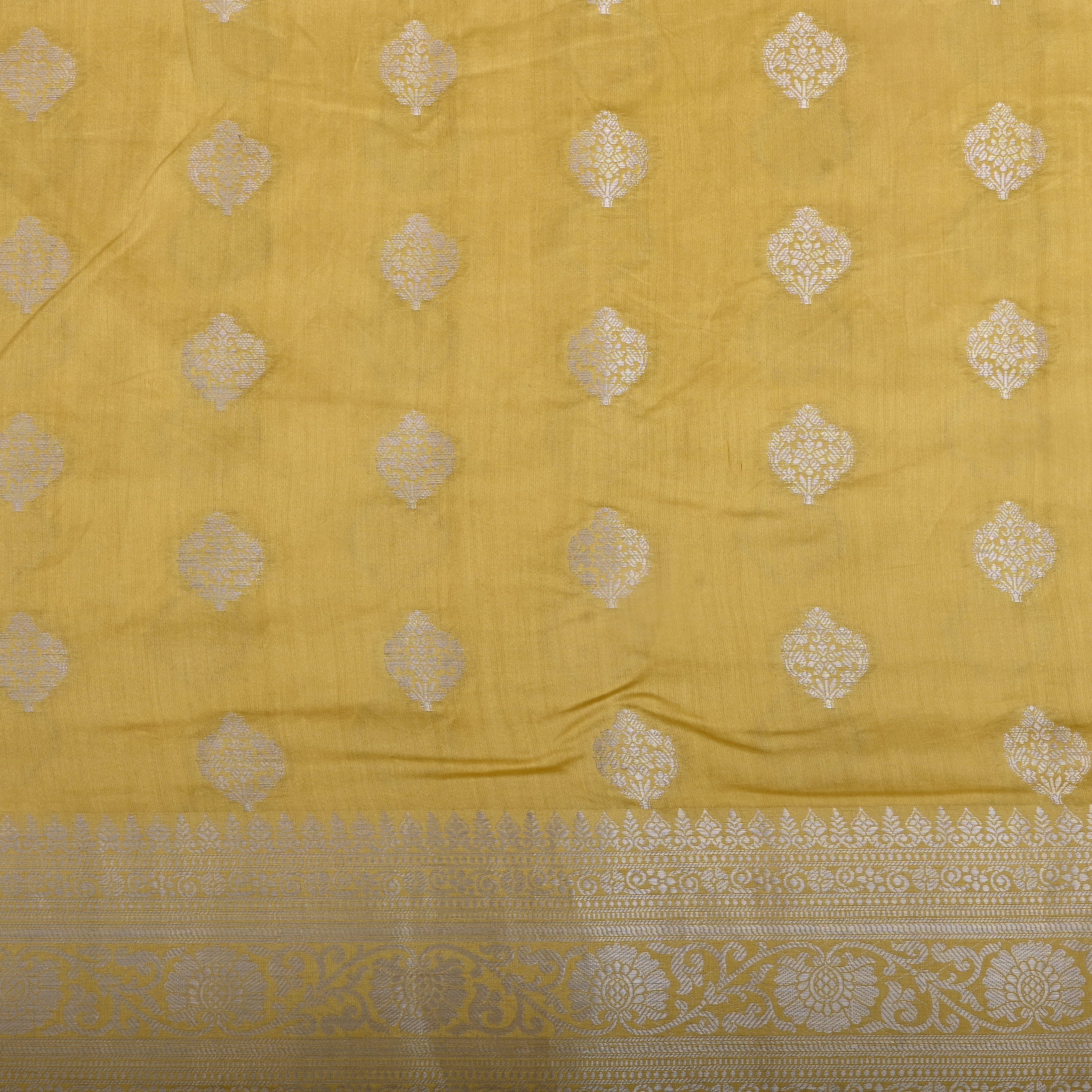 Soft Yellow Floral Silver Zari Silk Fabric