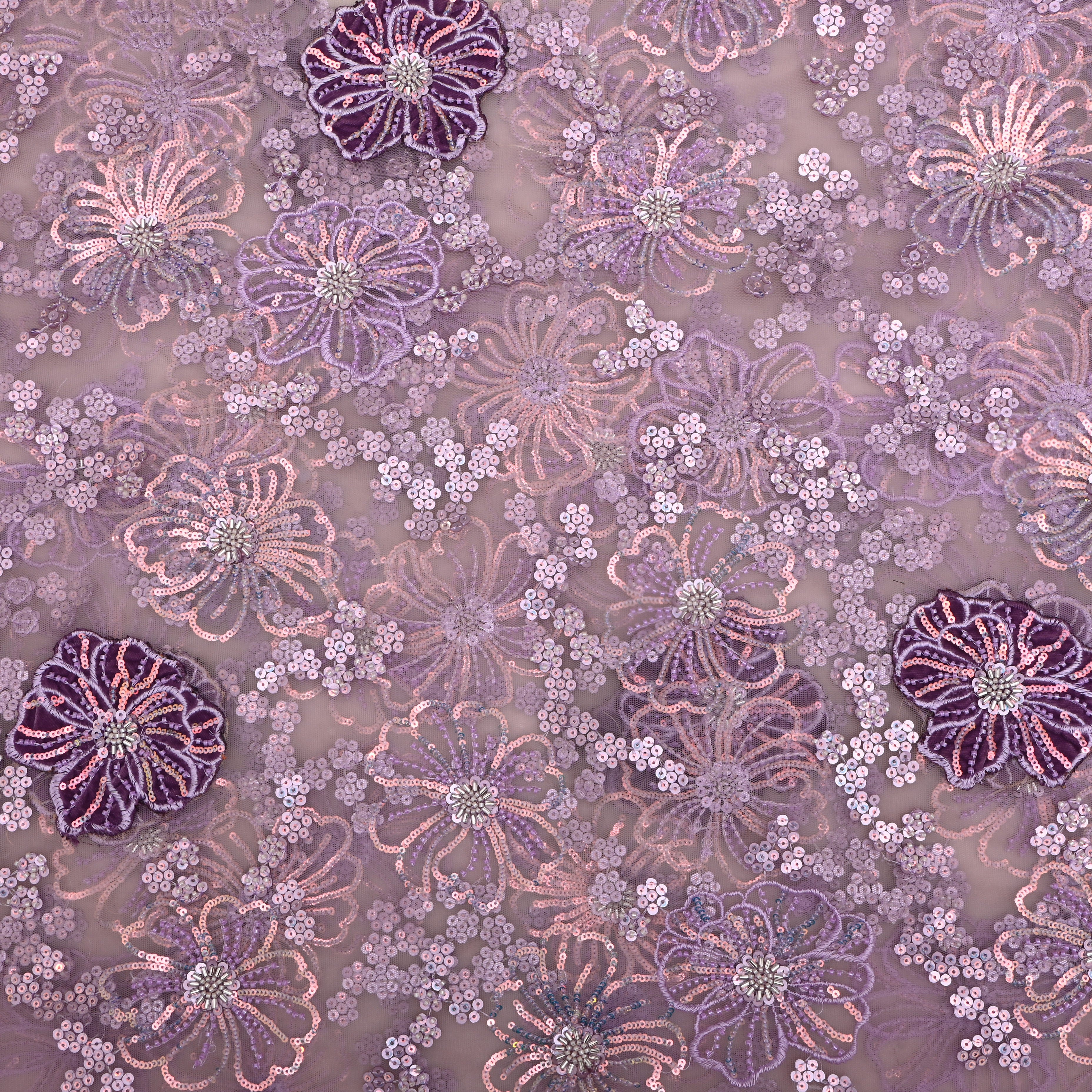 Pastel Lavender Floral Embroidered Net Fabric