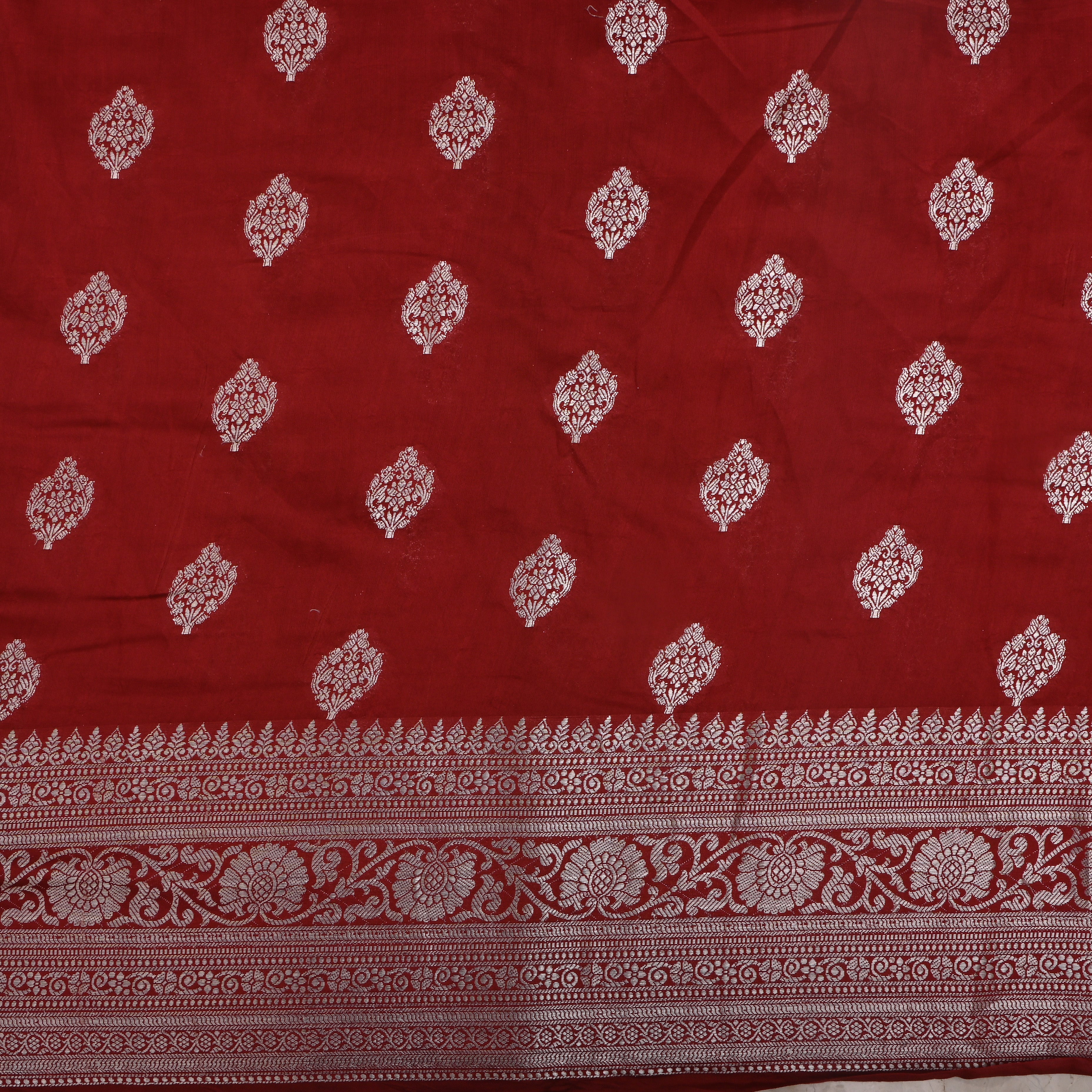Maroon Floral Silver Zari Silk Fabric