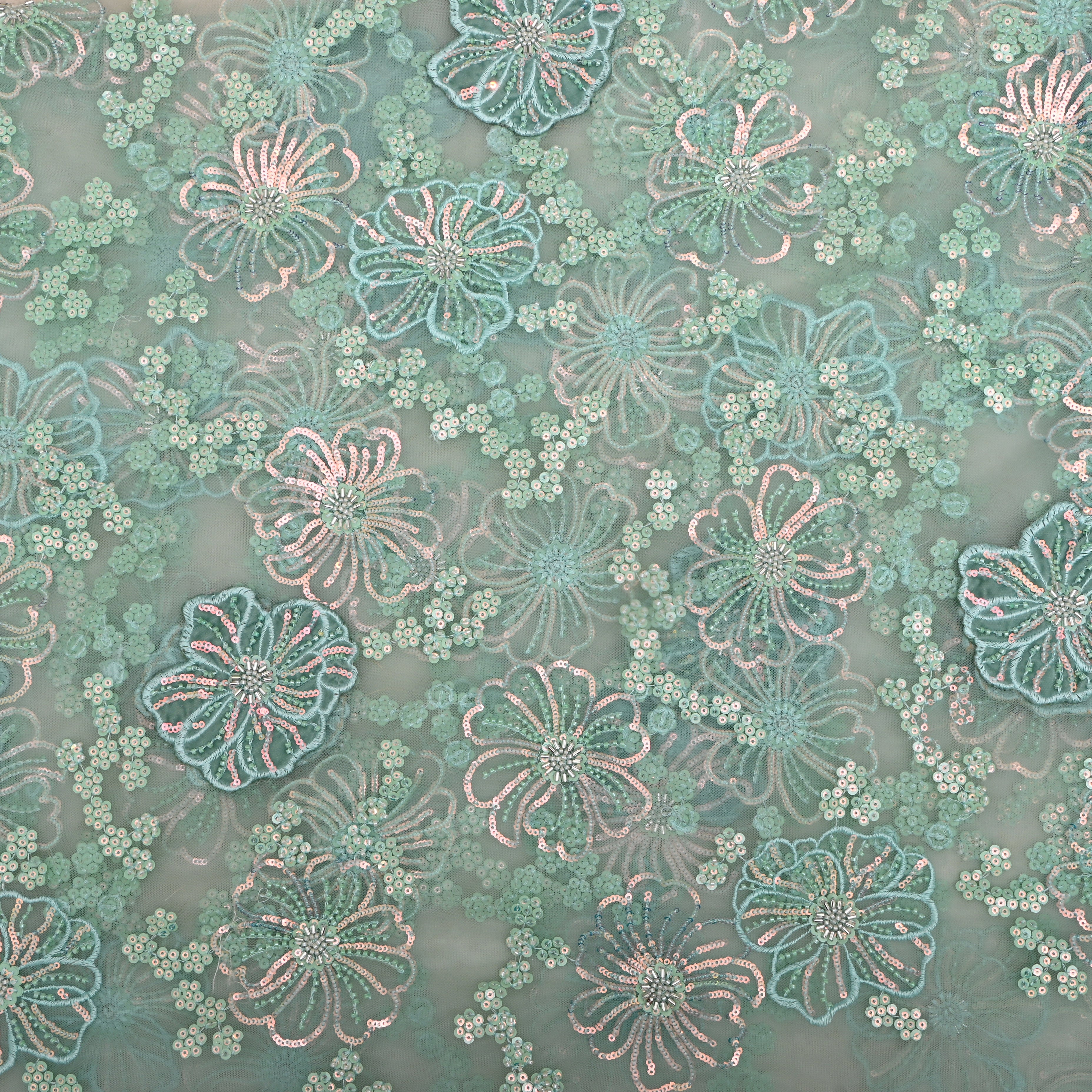 Pastel Blue Floral Embroidered Net Fabric