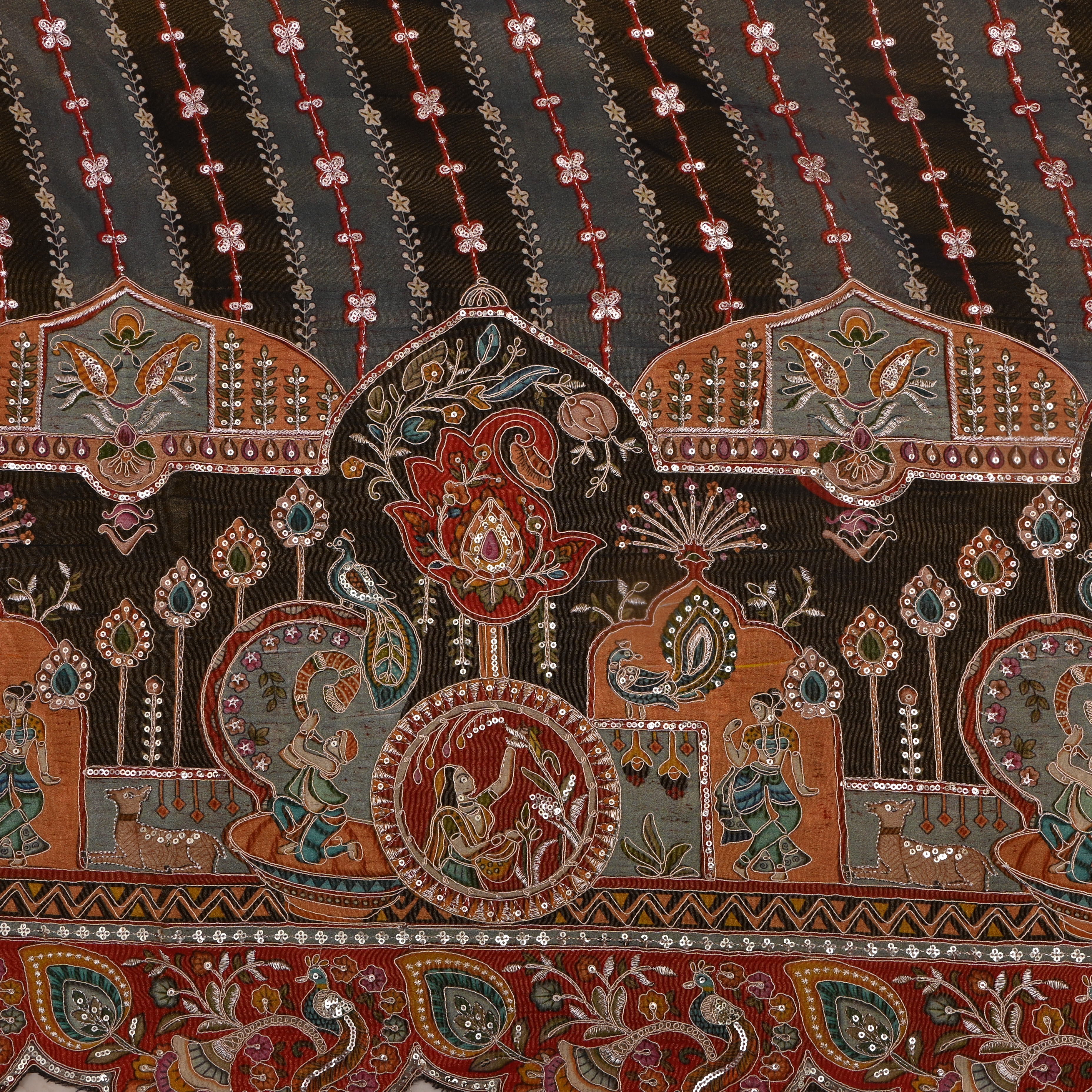 Multicolour Black Embroidered Tissue Fabric