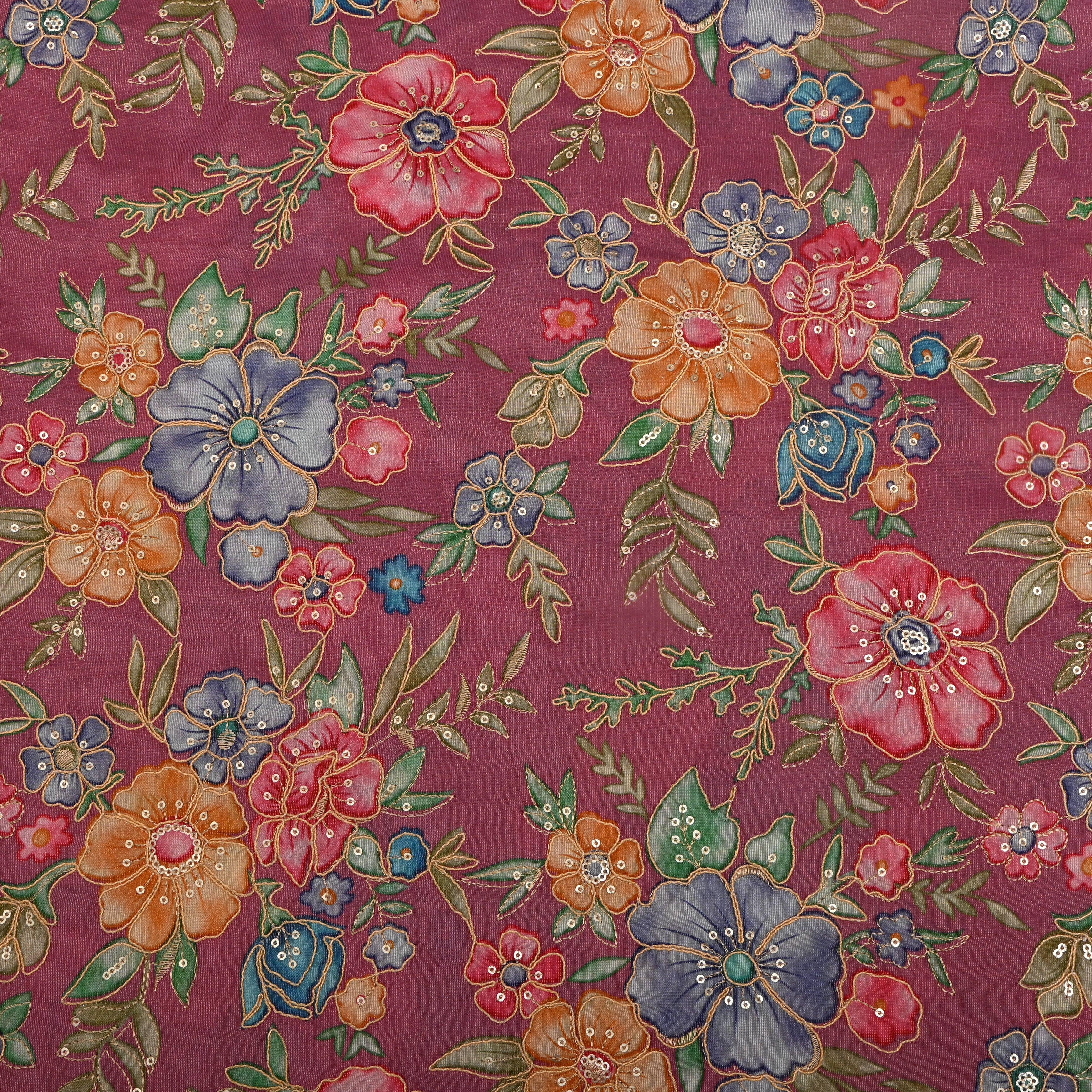 Dark Pink And Multicolour Floral Printed Tissue Fabric
