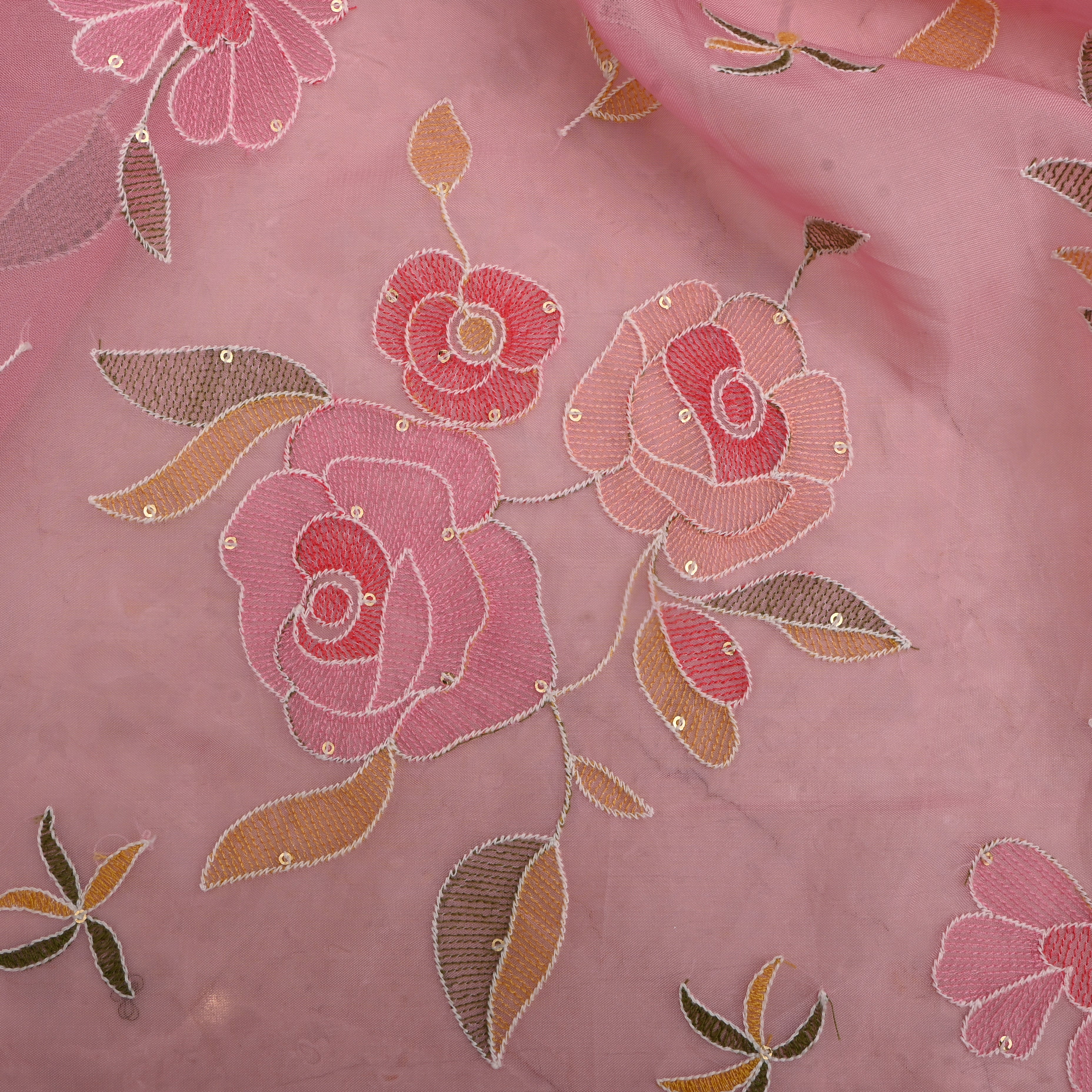 Mauvelous Pink Organza Fabric With Embroidery