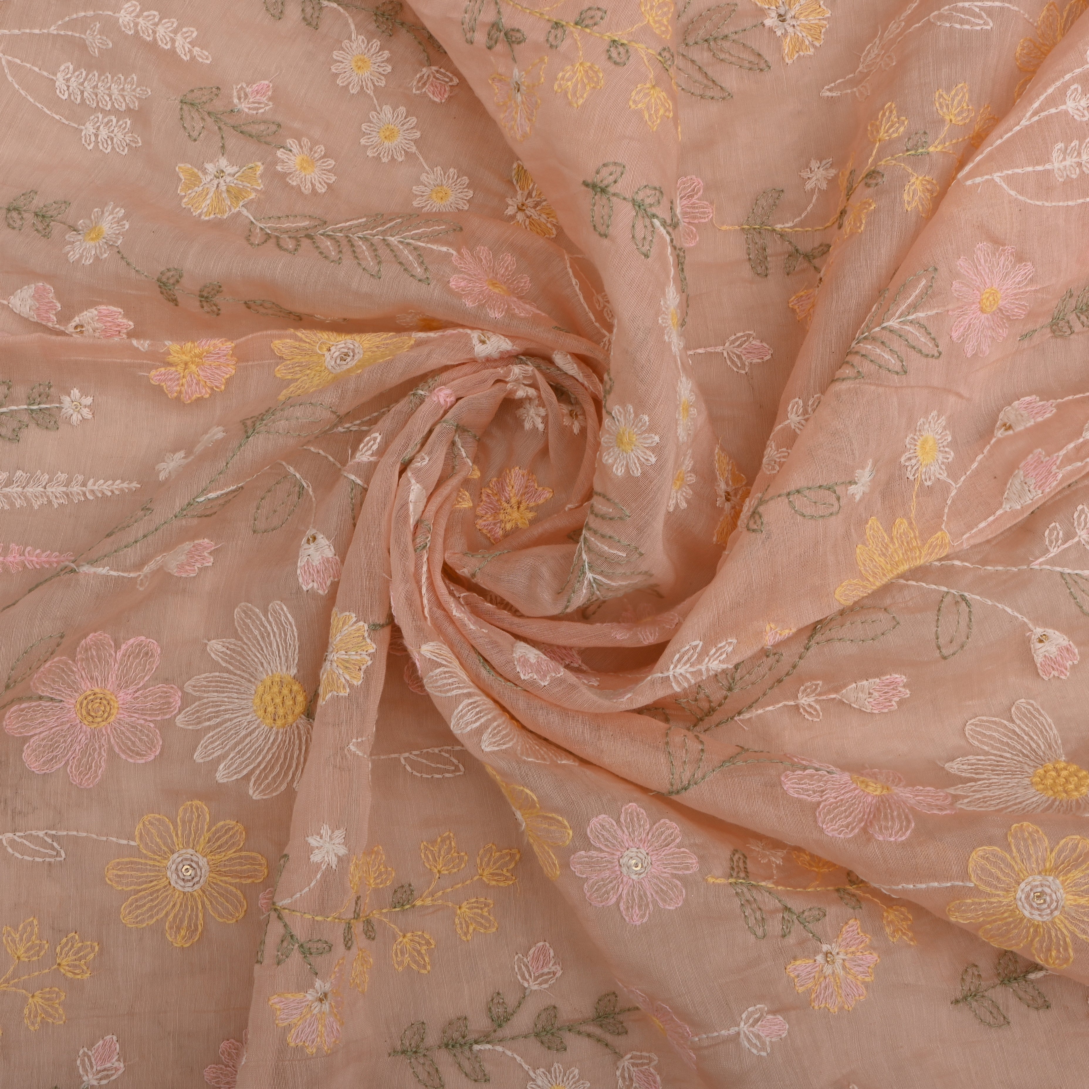 Pastel Peach Chanderi Fabric With Thread Embroidery