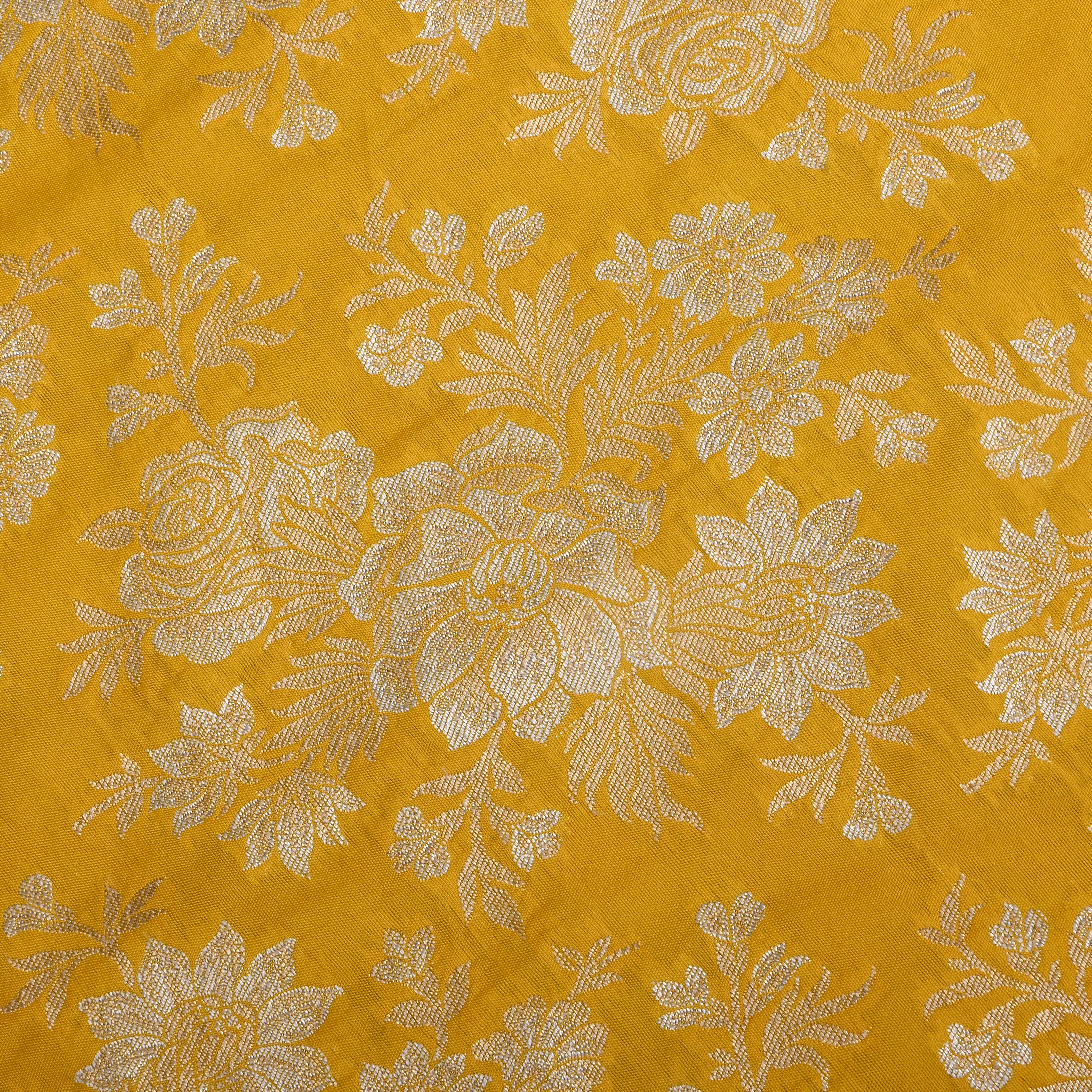 Gold Yellow Banarasi Fabric With Antique Gold Floral Pattern