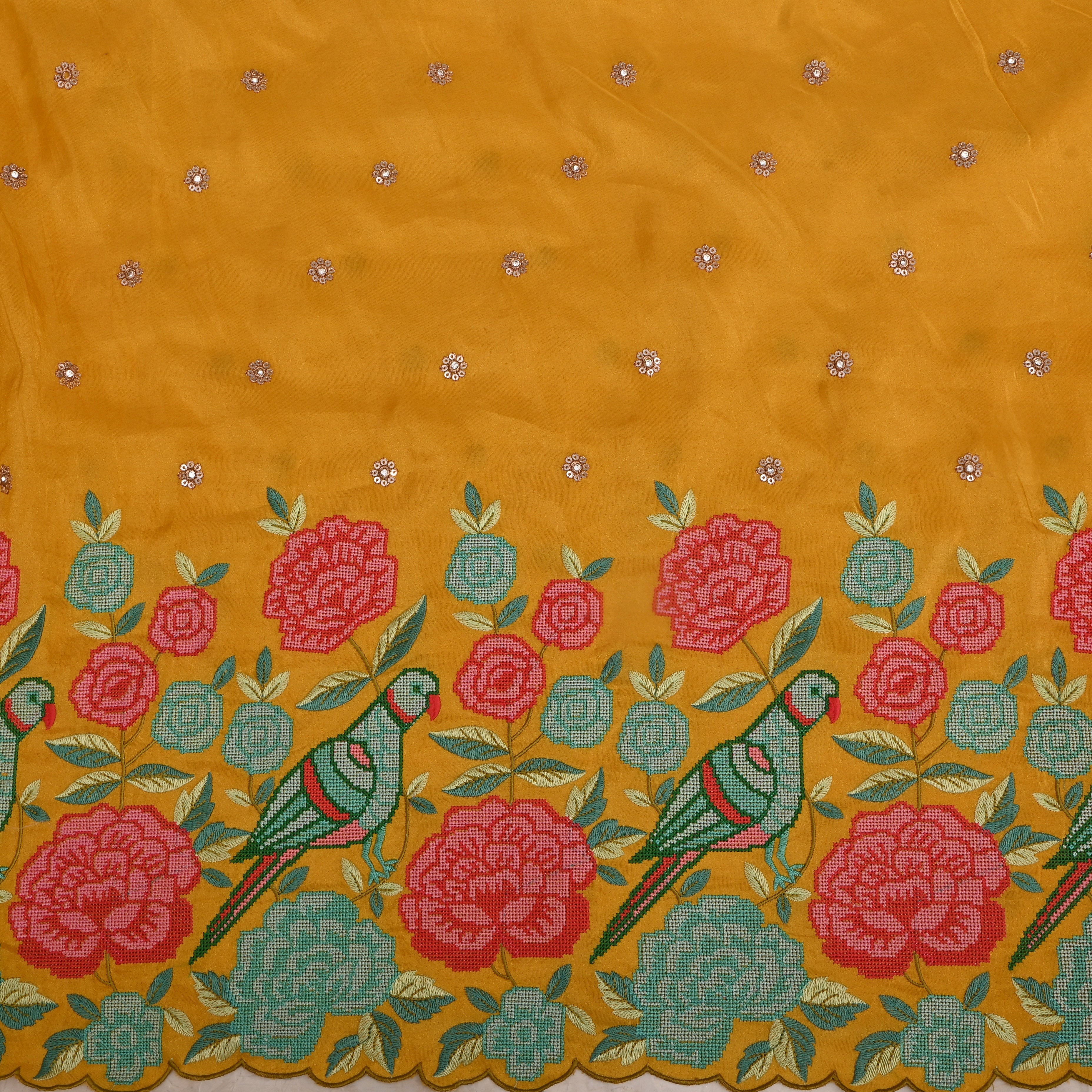Mustard Yellow Tissue Fabric With Petit Point Embroidery