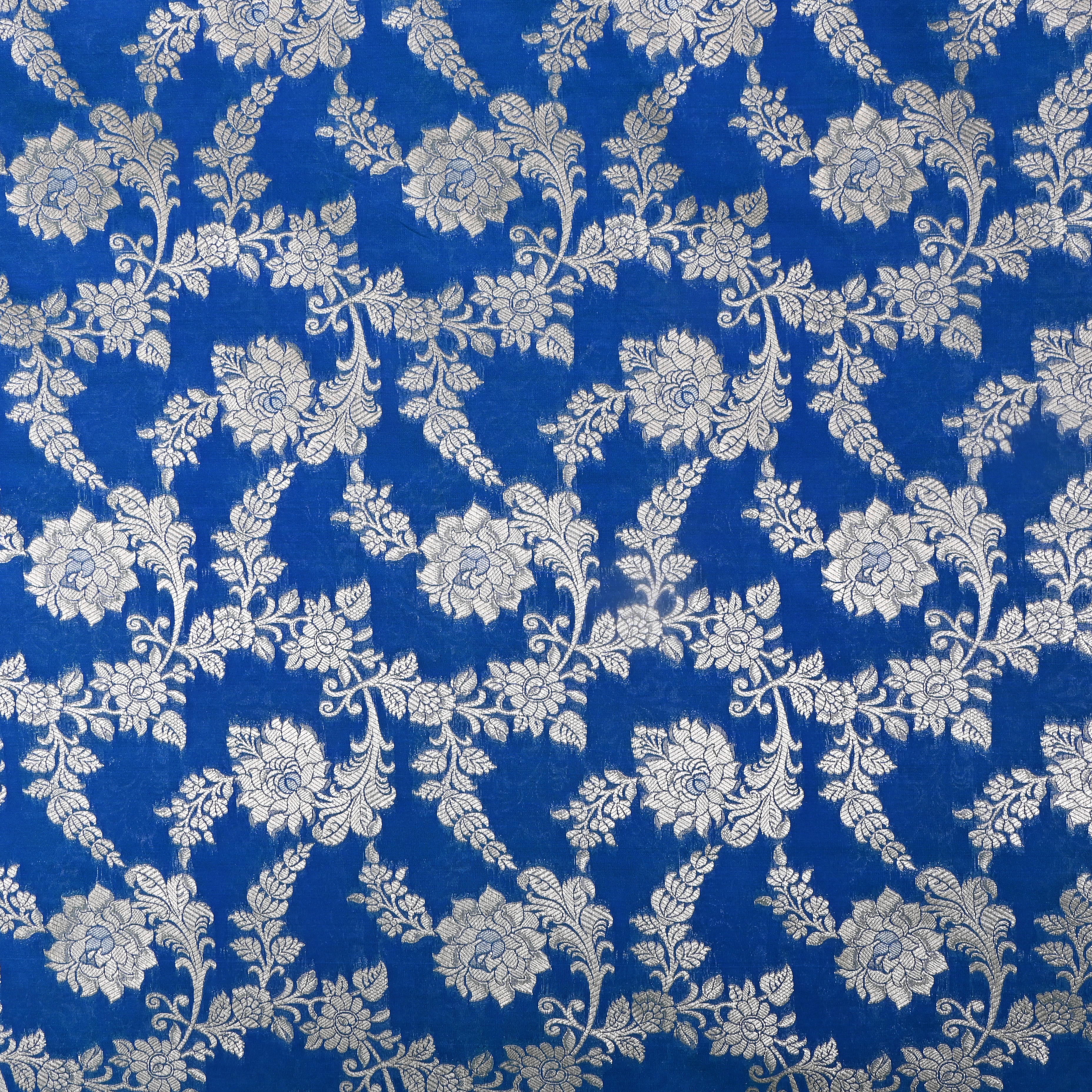 Cobalt Blue Floral Silver Zari Weave Silk Fabric