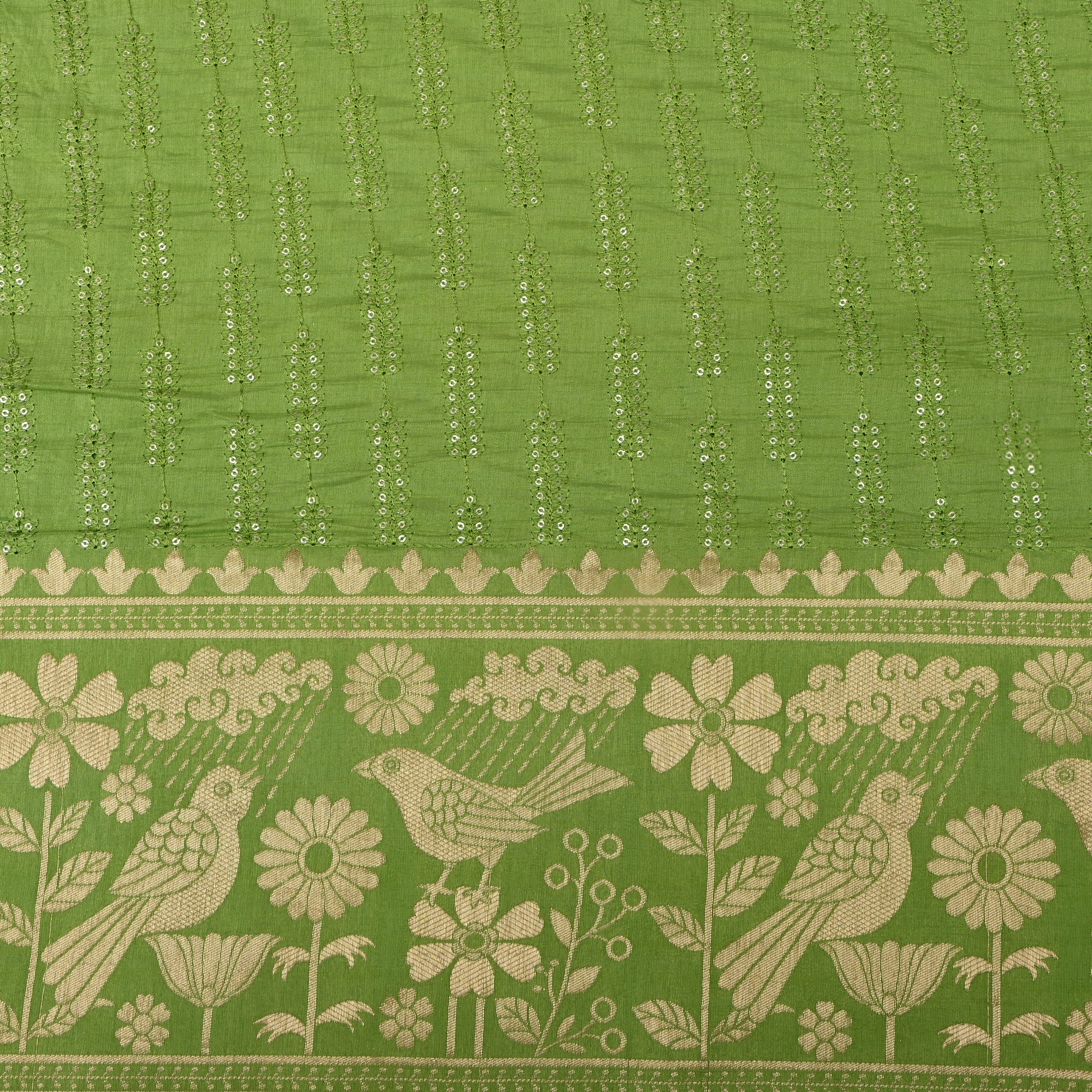 Kelly Green Floral Embroidered Silk Fabric