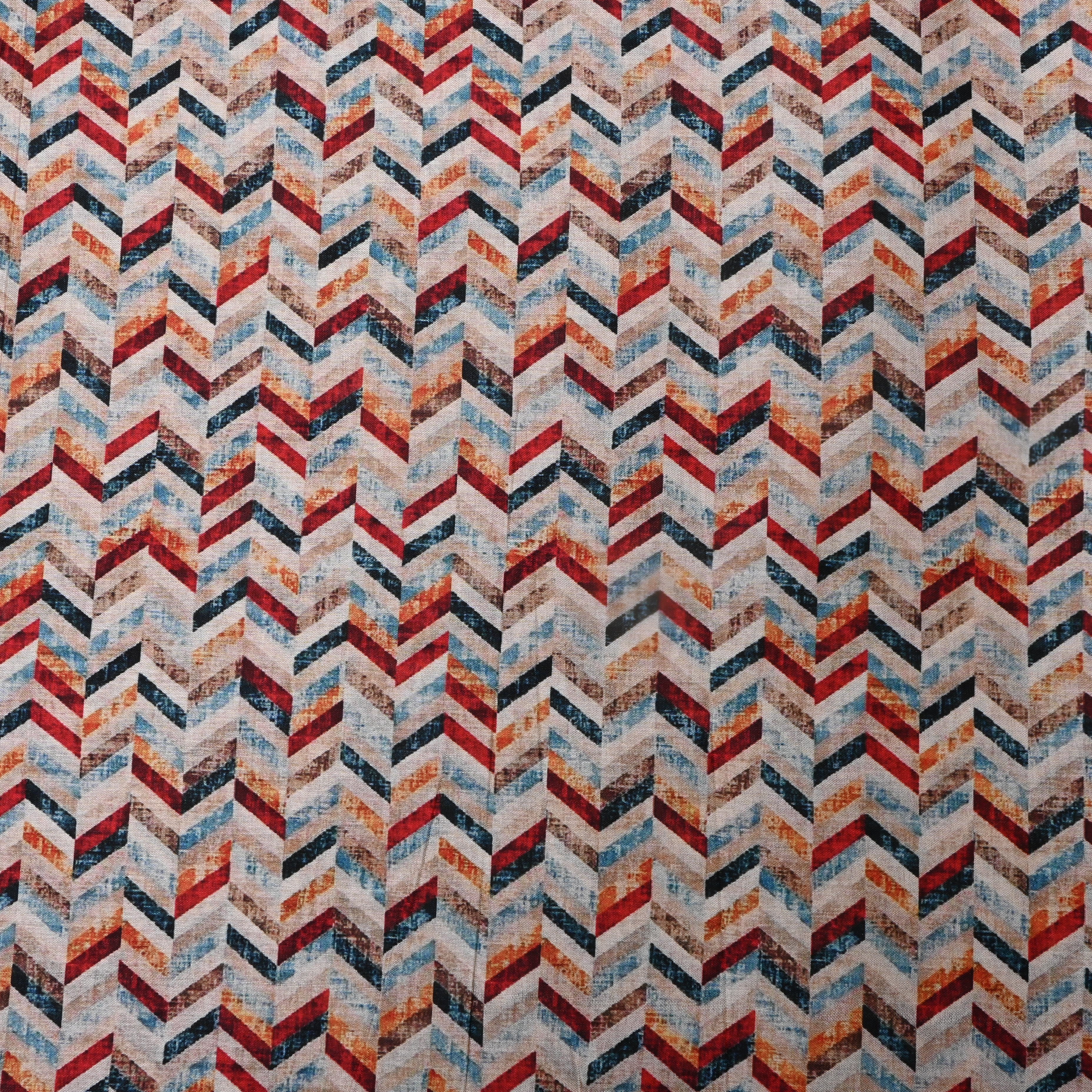 Multi Color Chevron Pattern Printed Tussar Fabric