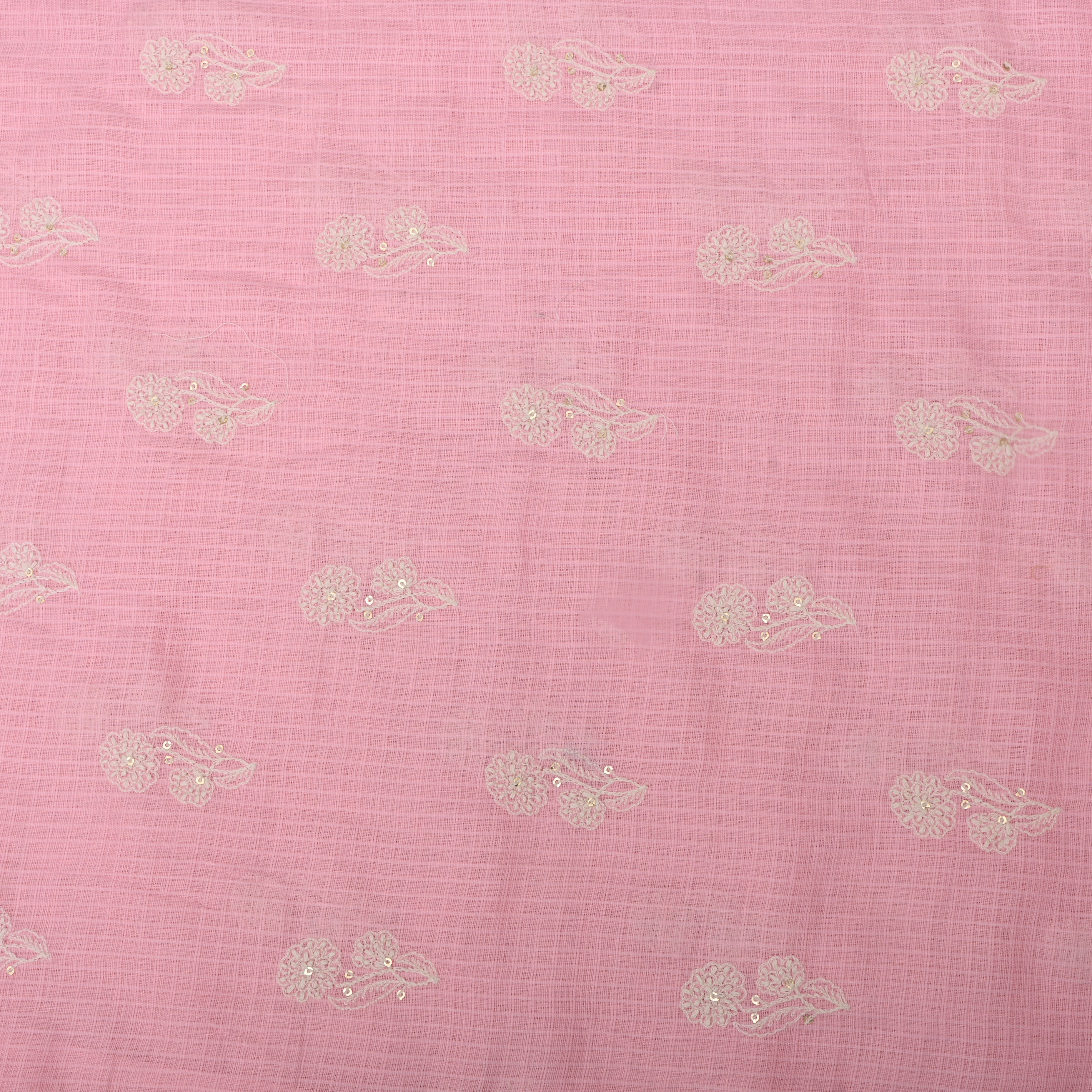 Soft Pink Floral Thread Embroidered Kota Fabric