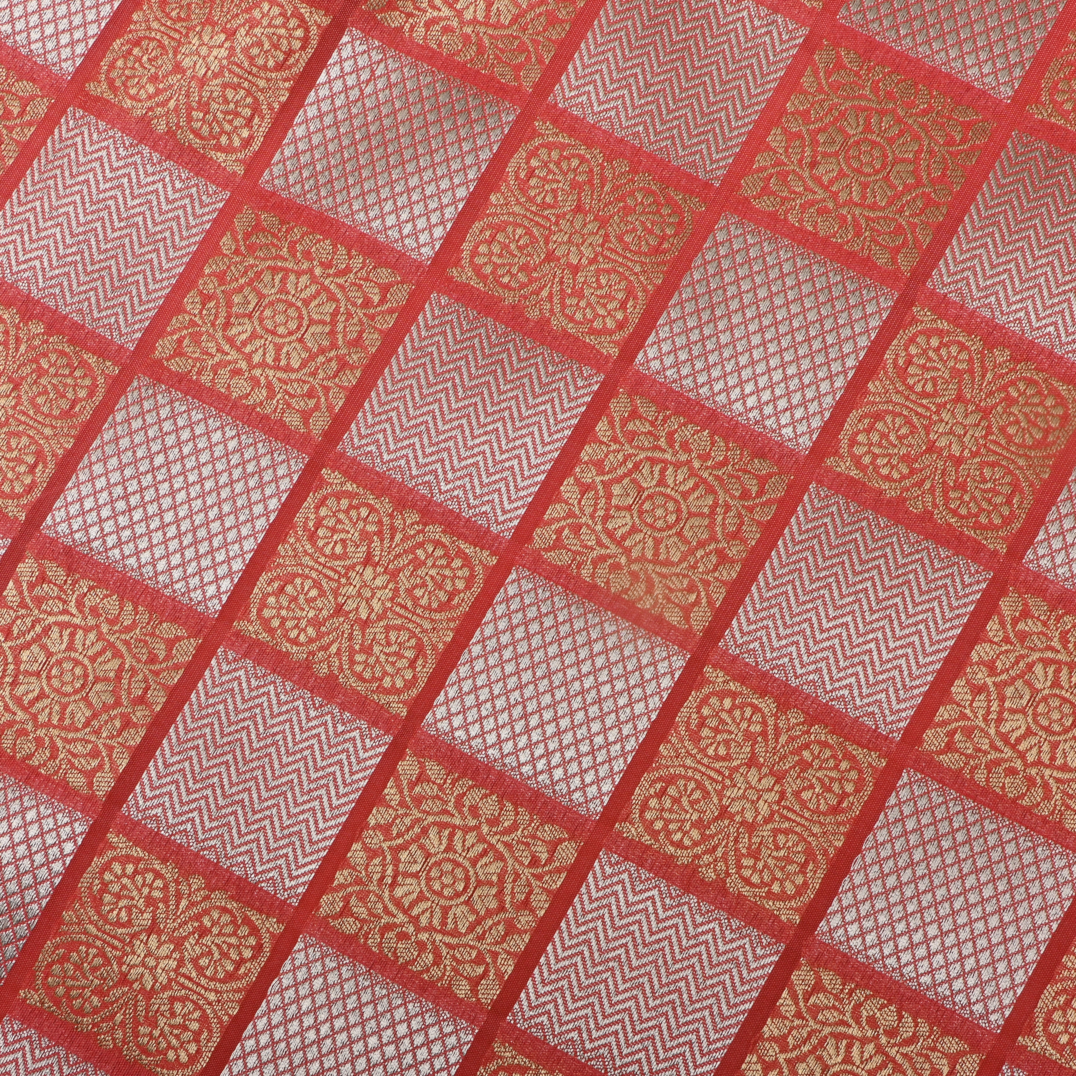 Coral Peach Banarasi Fabric With Checked Patterns