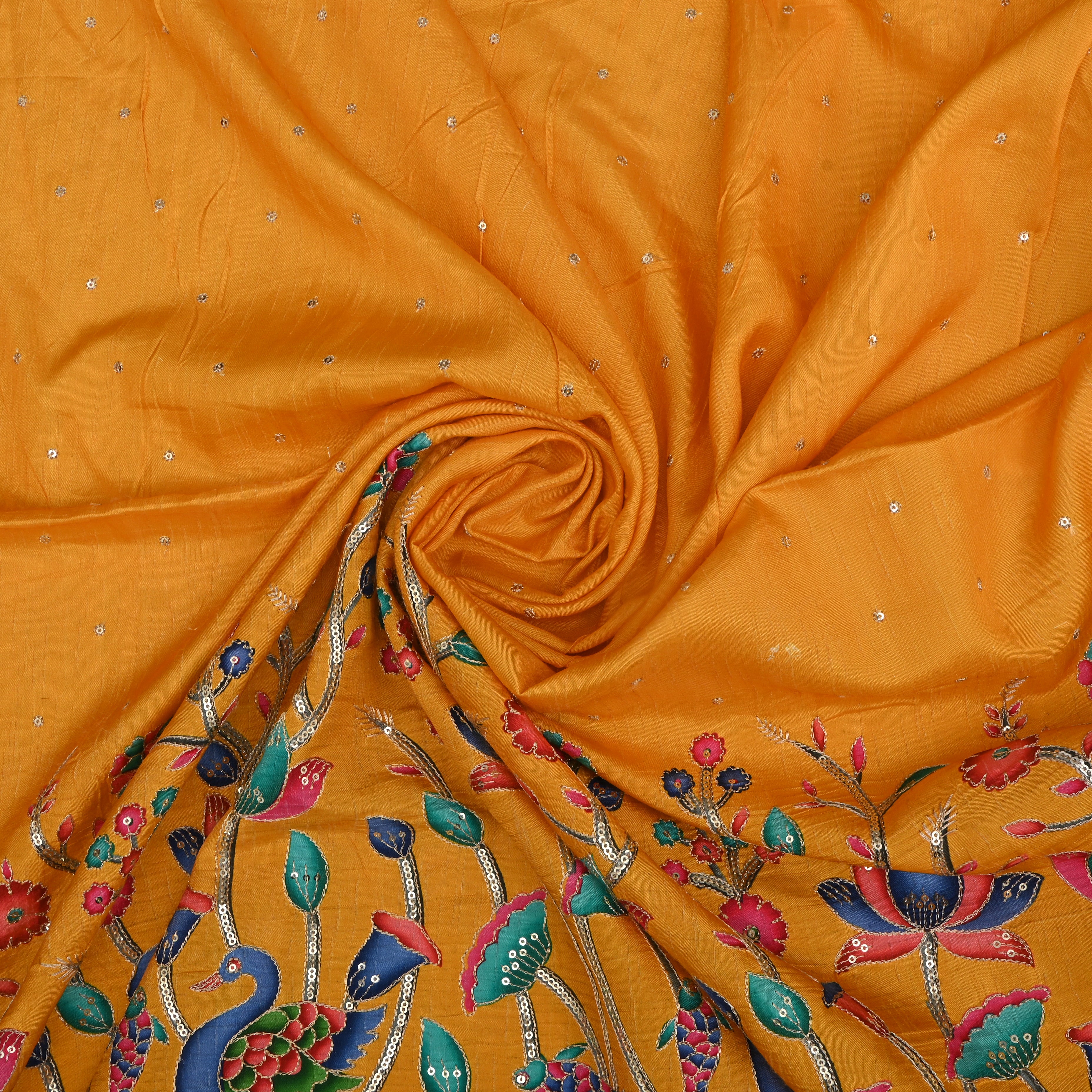 Beer Yellow Silk Fabric With Printed Embroidery