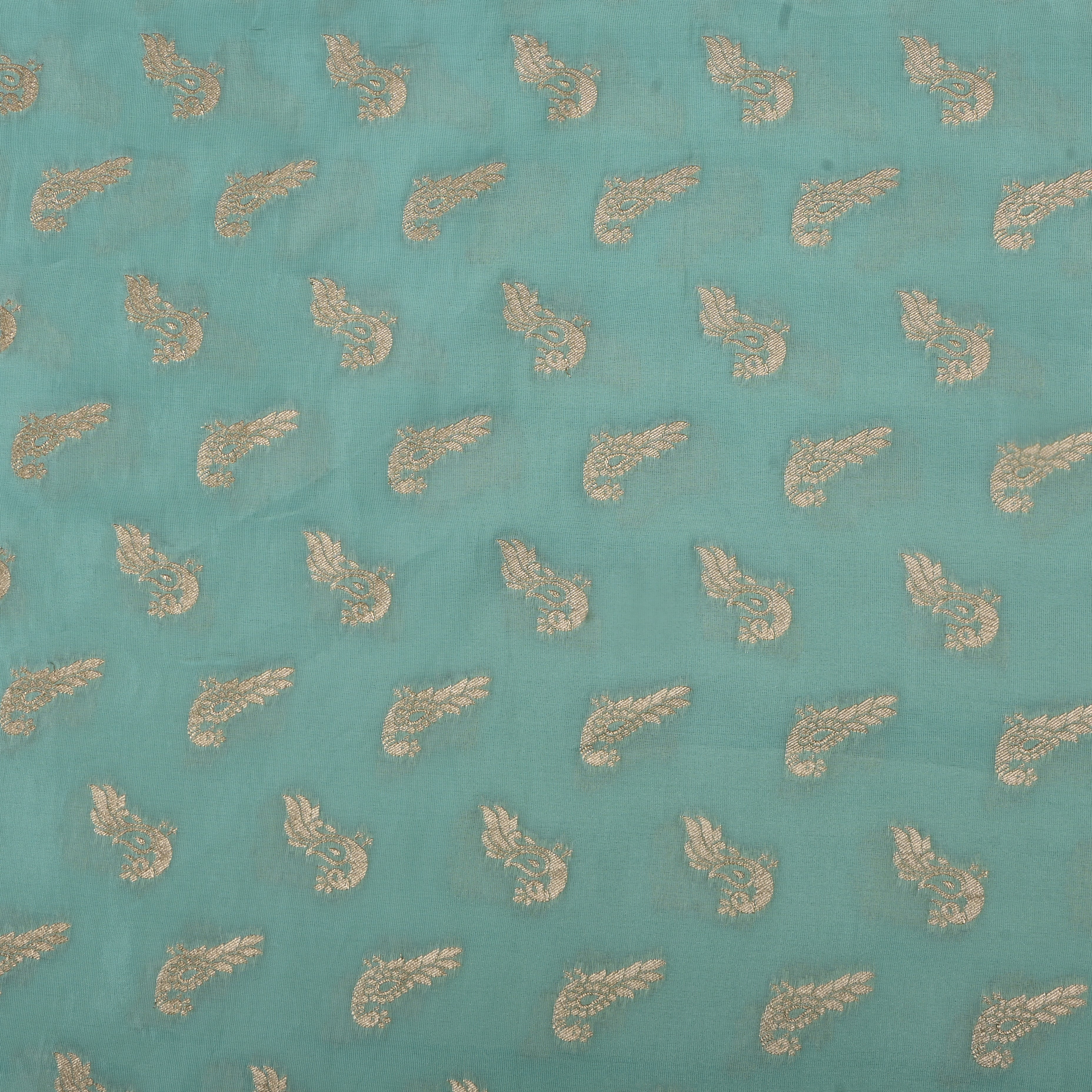 Celeste Blue Jamawar Tissue Fabric With Avian Weaving