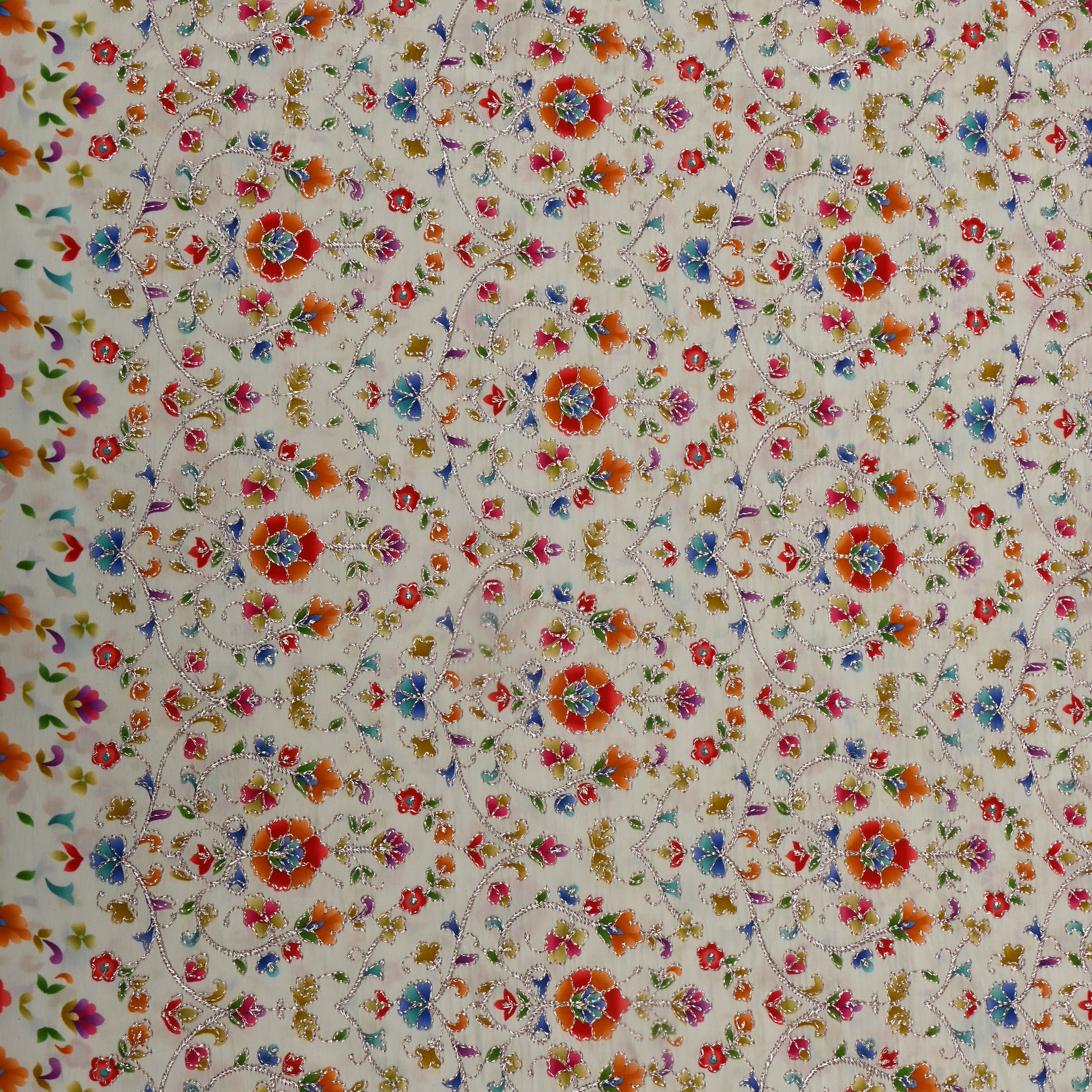 Cream Organza Fabric With Printed Embroidery