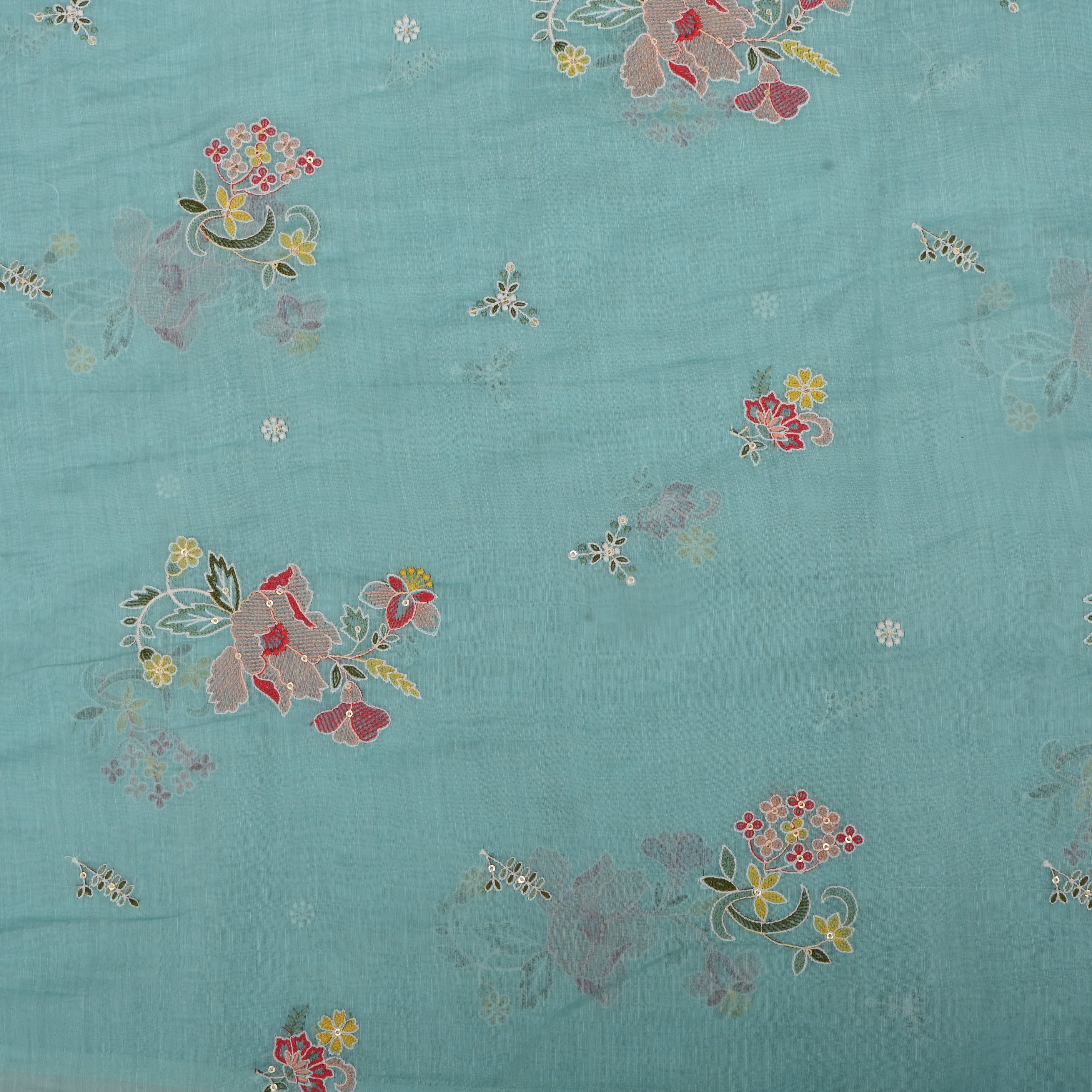 Light Blue Mul Chanderi Fabric With Thread Embroidery
