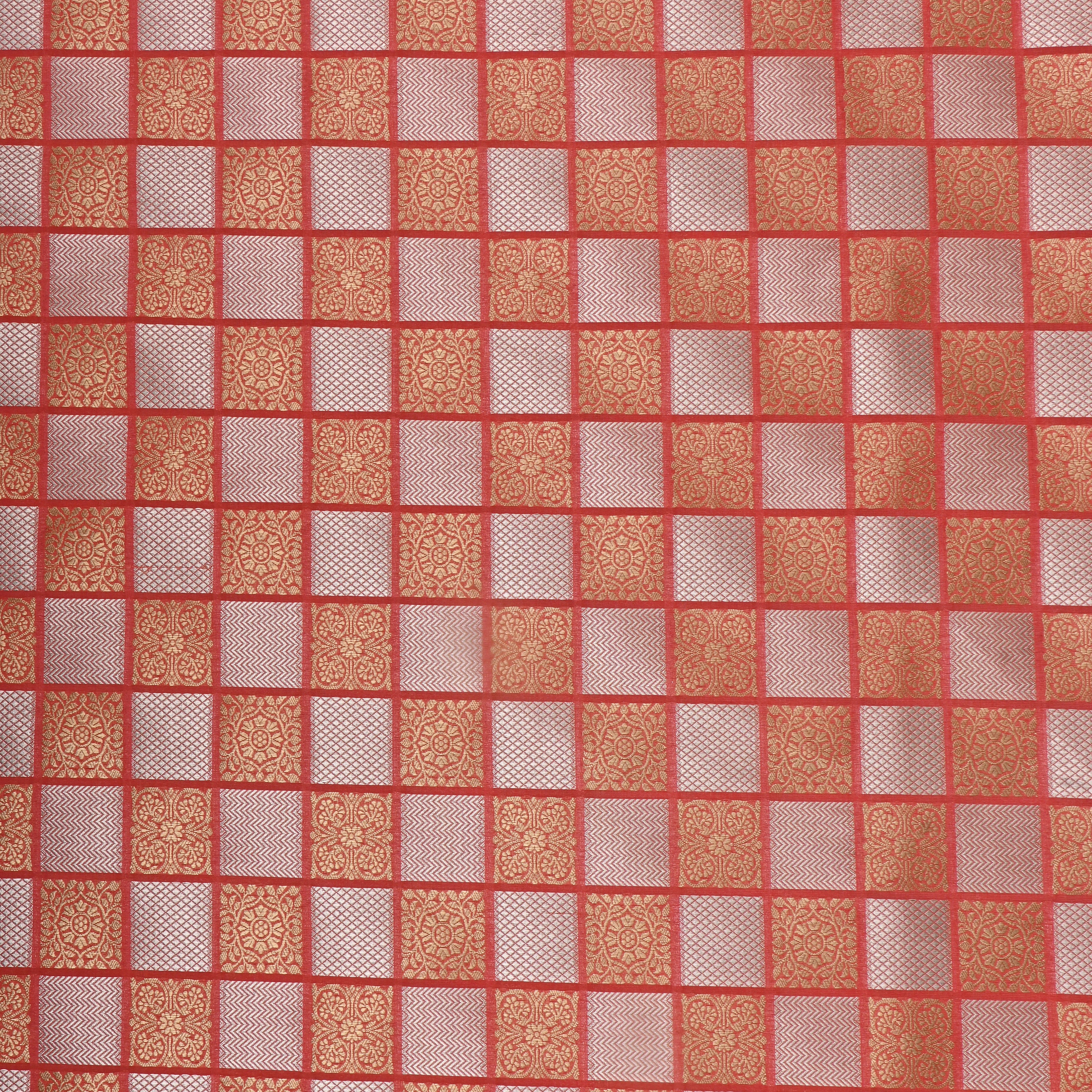 Coral Peach Banarasi Fabric With Checked Patterns