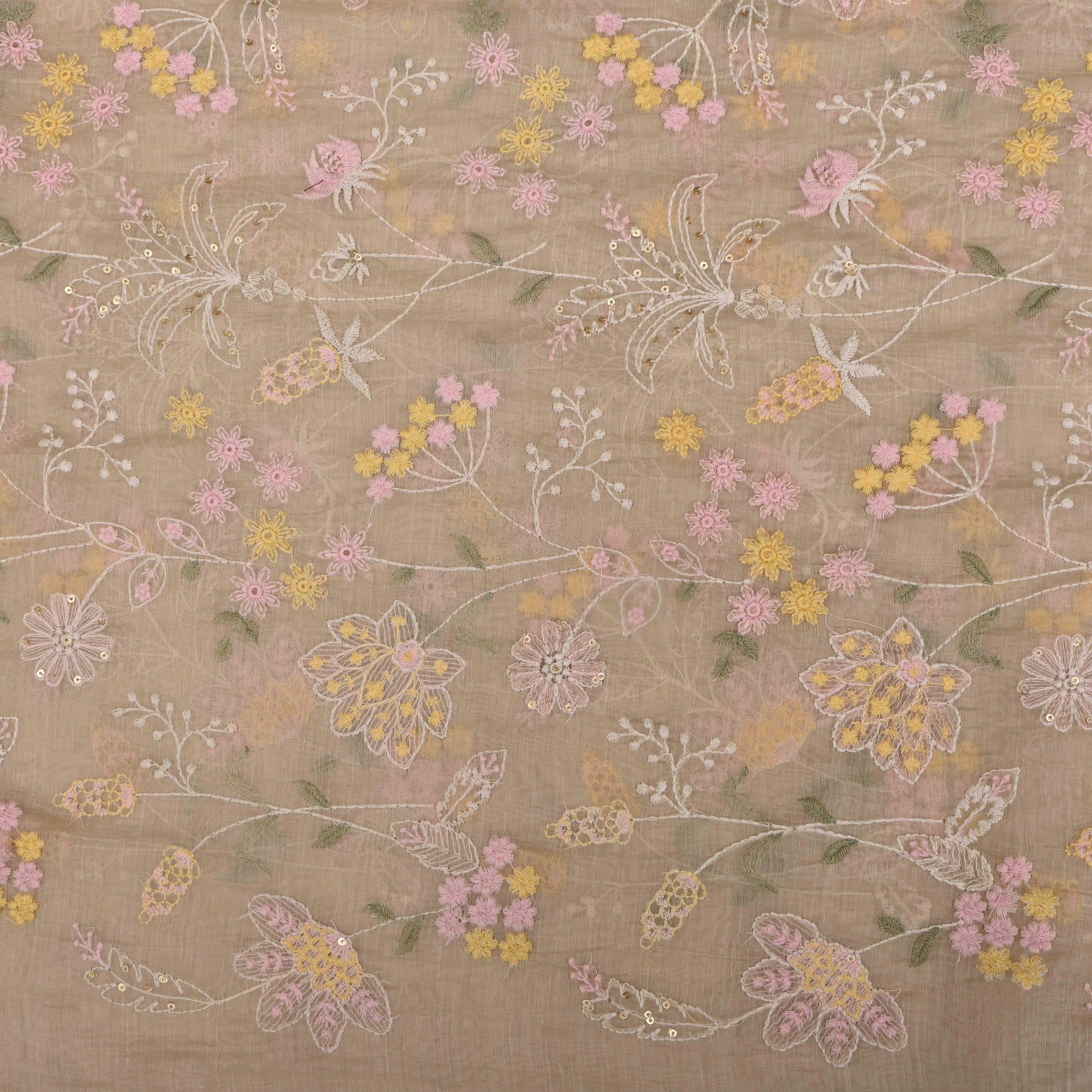 Gin Green Mul Chanderi Fabric With Embroidery