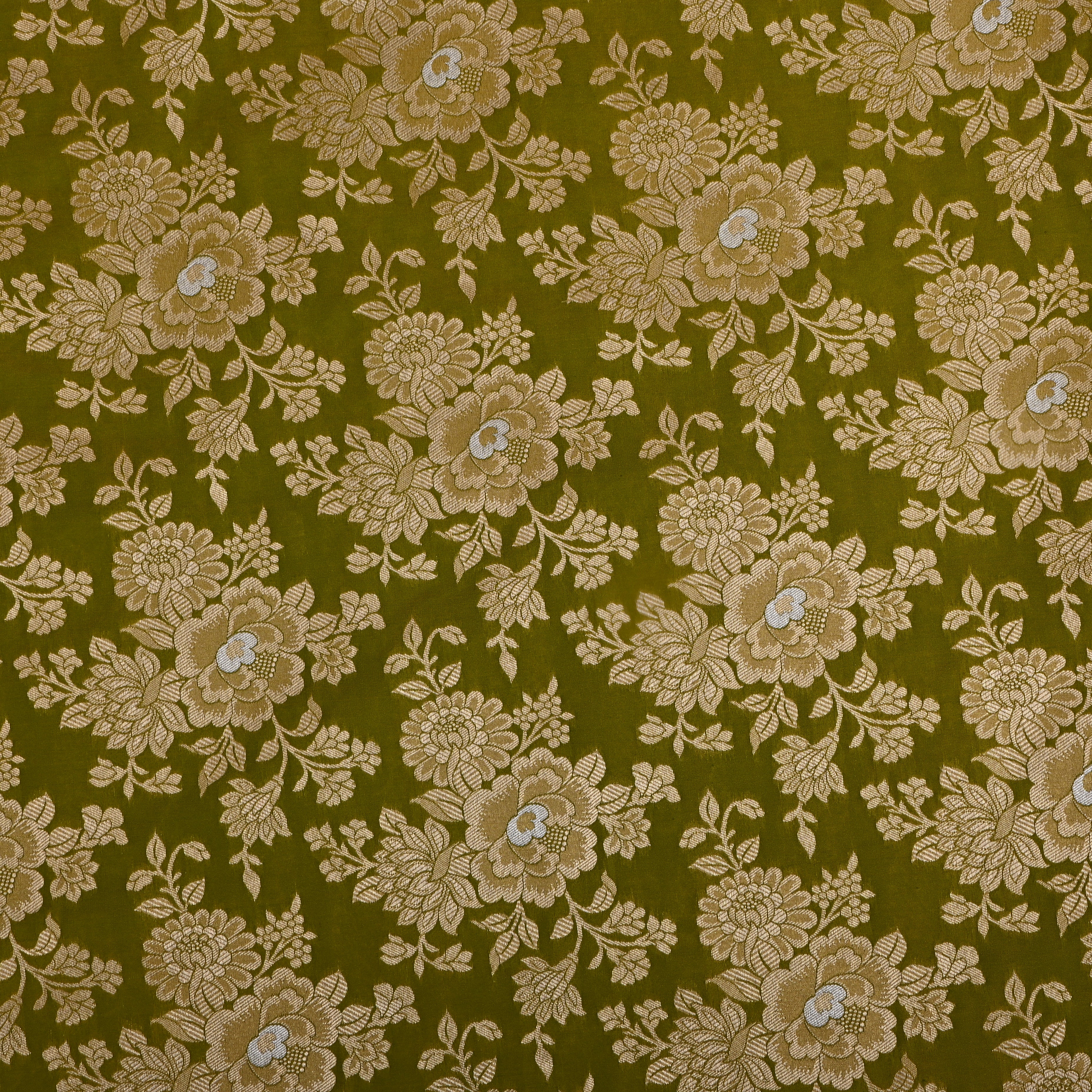Mahendi Green Jamawar Silk Fabric With Floral Weave