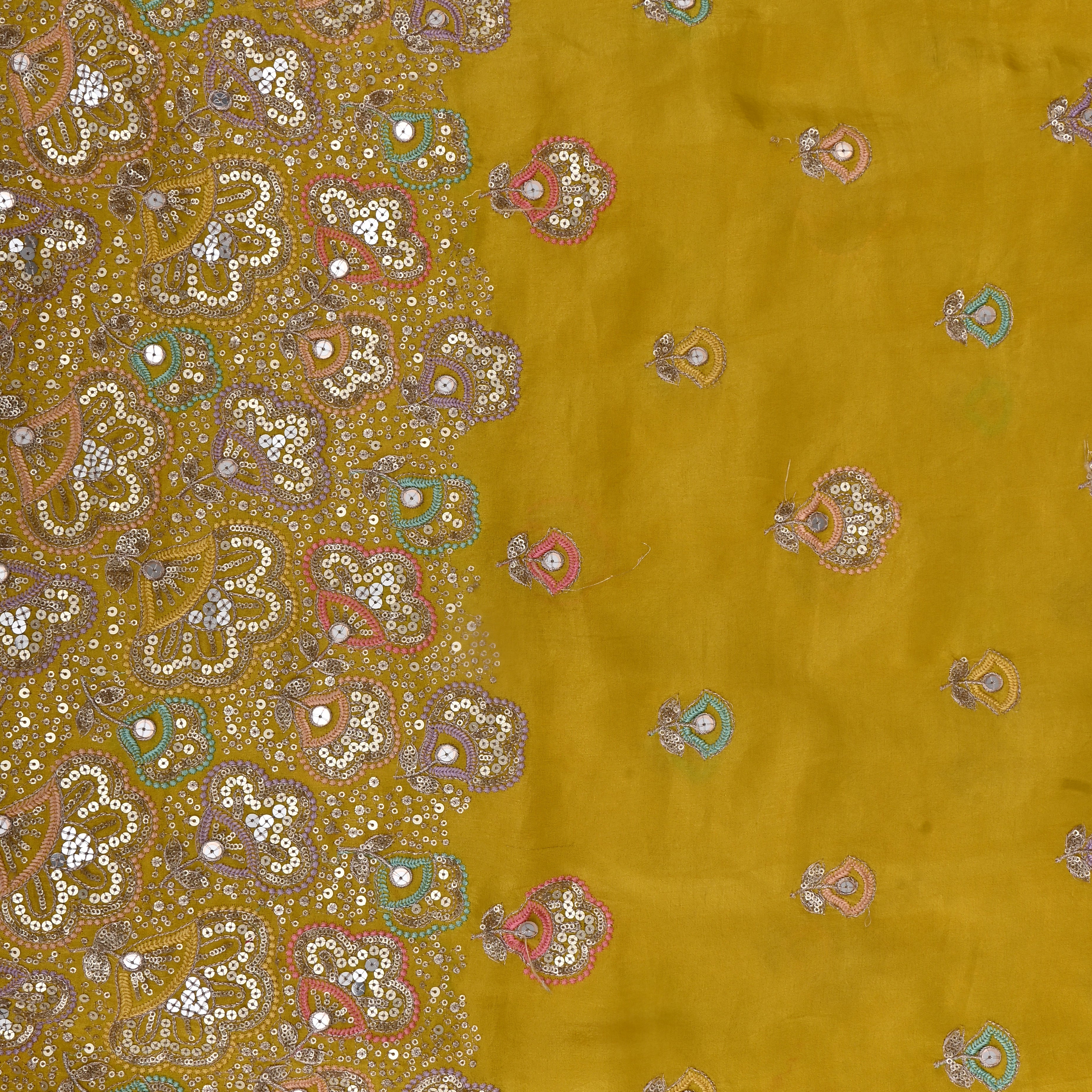 Golden Yellow Tissue Fabric With Sequins Work