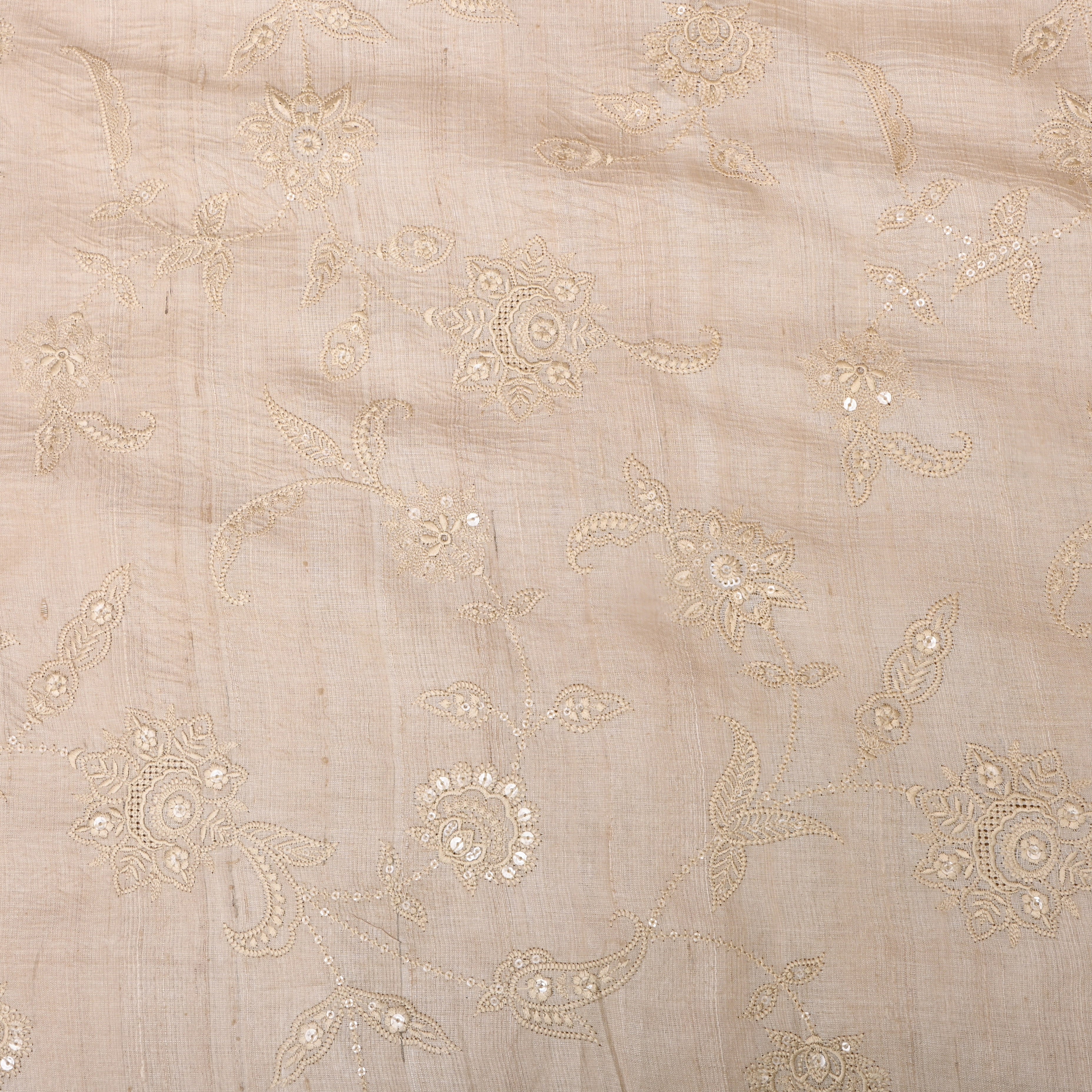 Pastel White Thread Embroidered Tussar Fabric