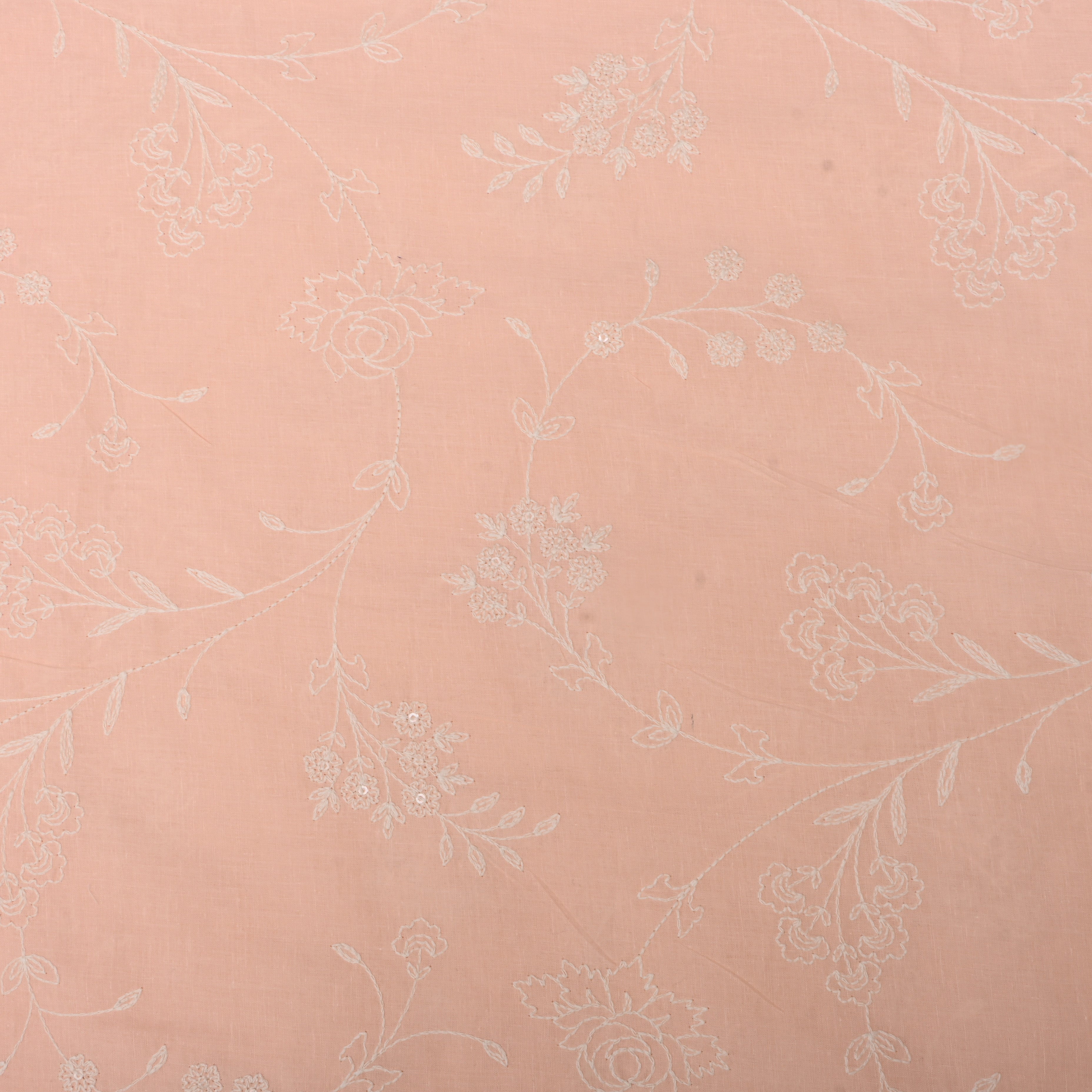 Soft Pink Floral Thread Embroidered Cotton Fabric