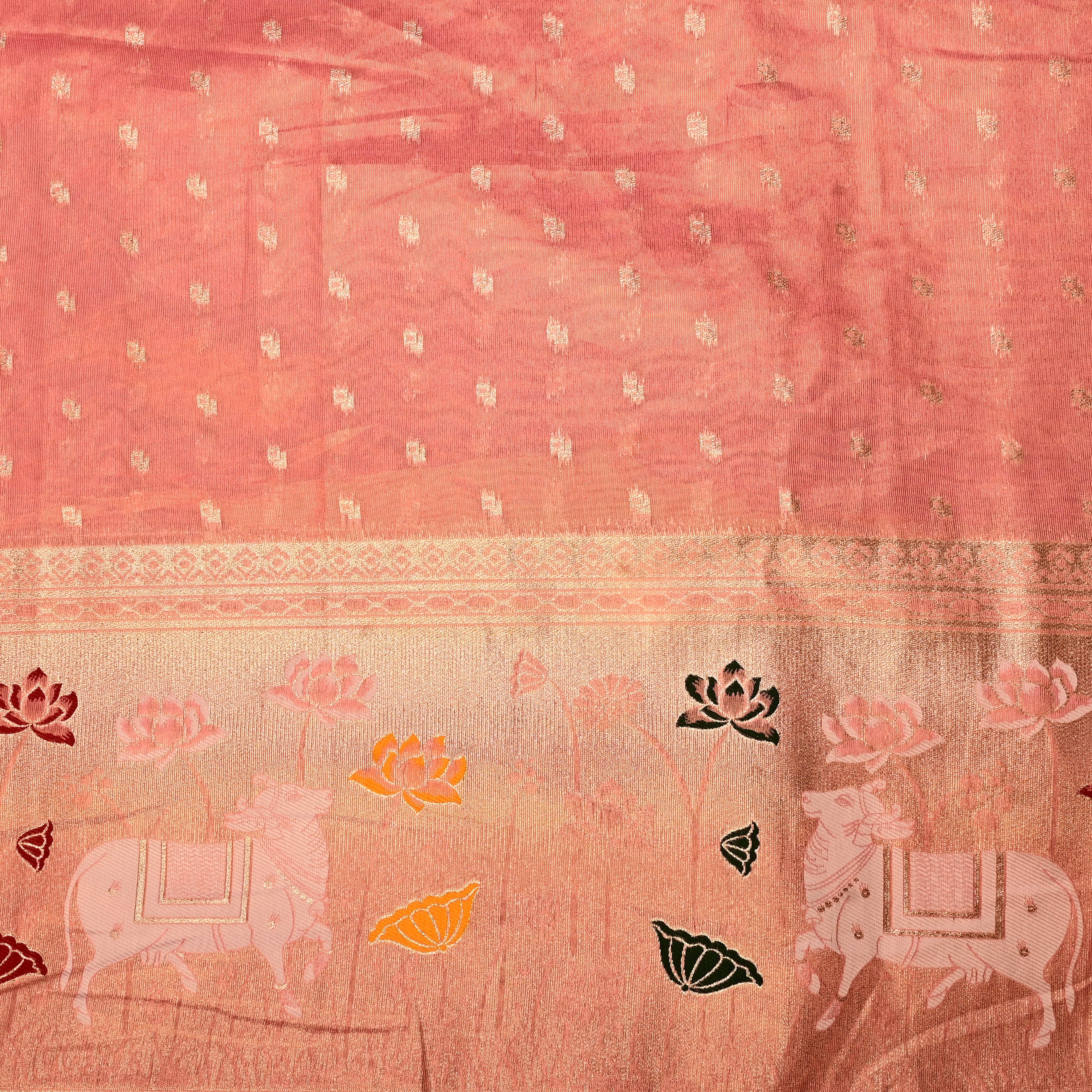 Dark Salmon Pink Jamawar Tissue Fabric With Pichwai Border