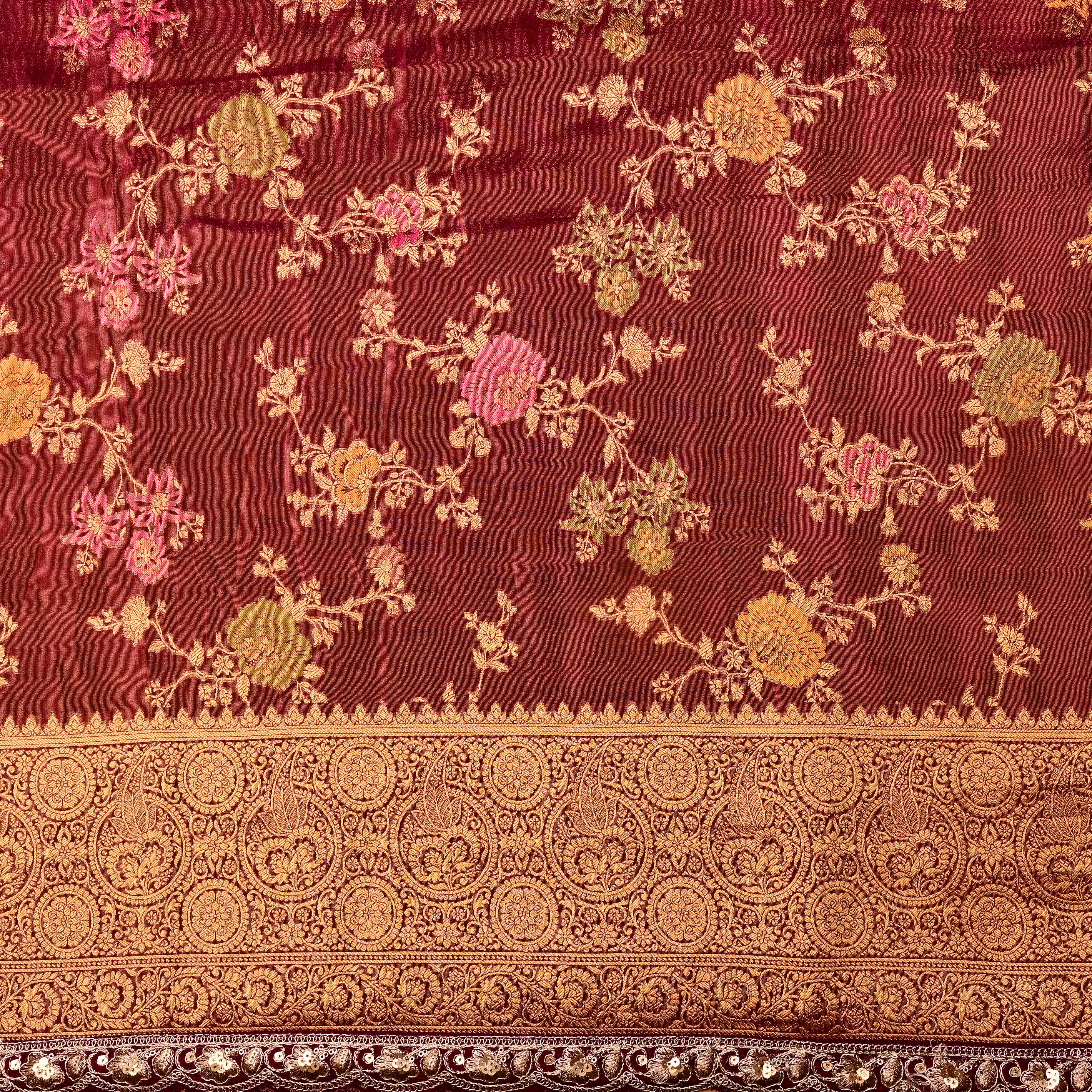 Auburn Burgundy Jamawar Tissue Fabric With Meenakari Design
