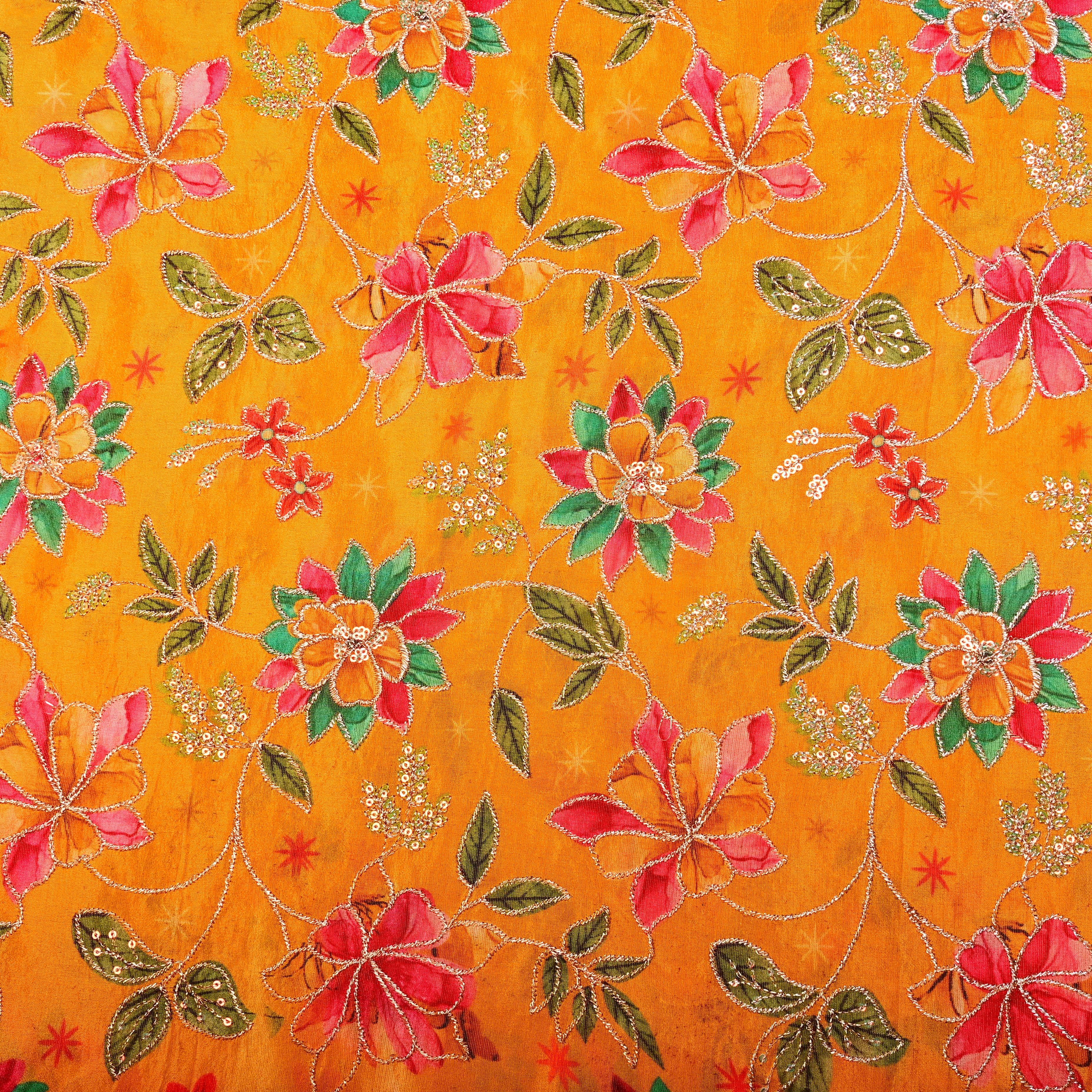 Chrome Yellow Tissue Fabric With Printed Embroidery