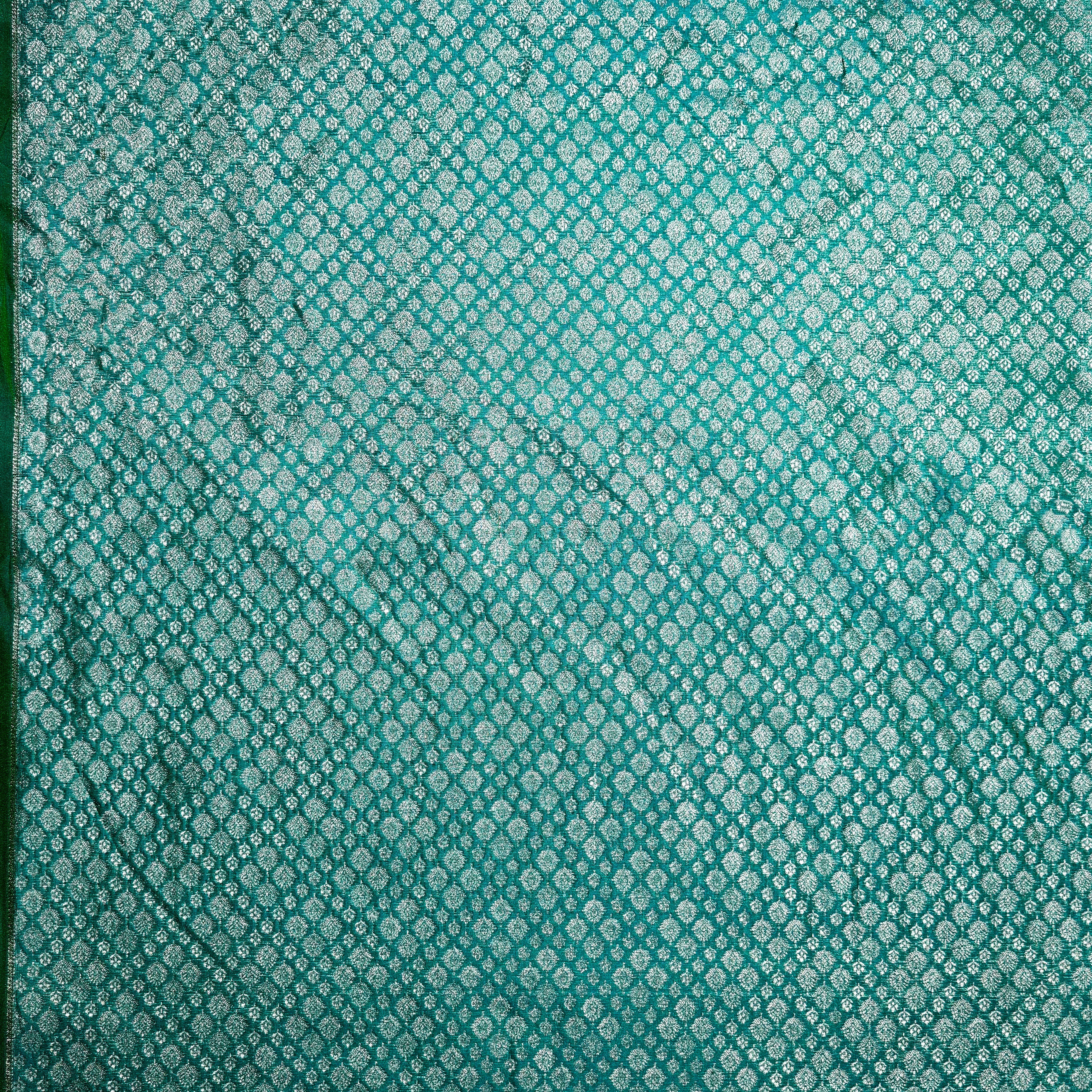 Teal Blue Jamawar Silk Fabric With Gold Zari Work
