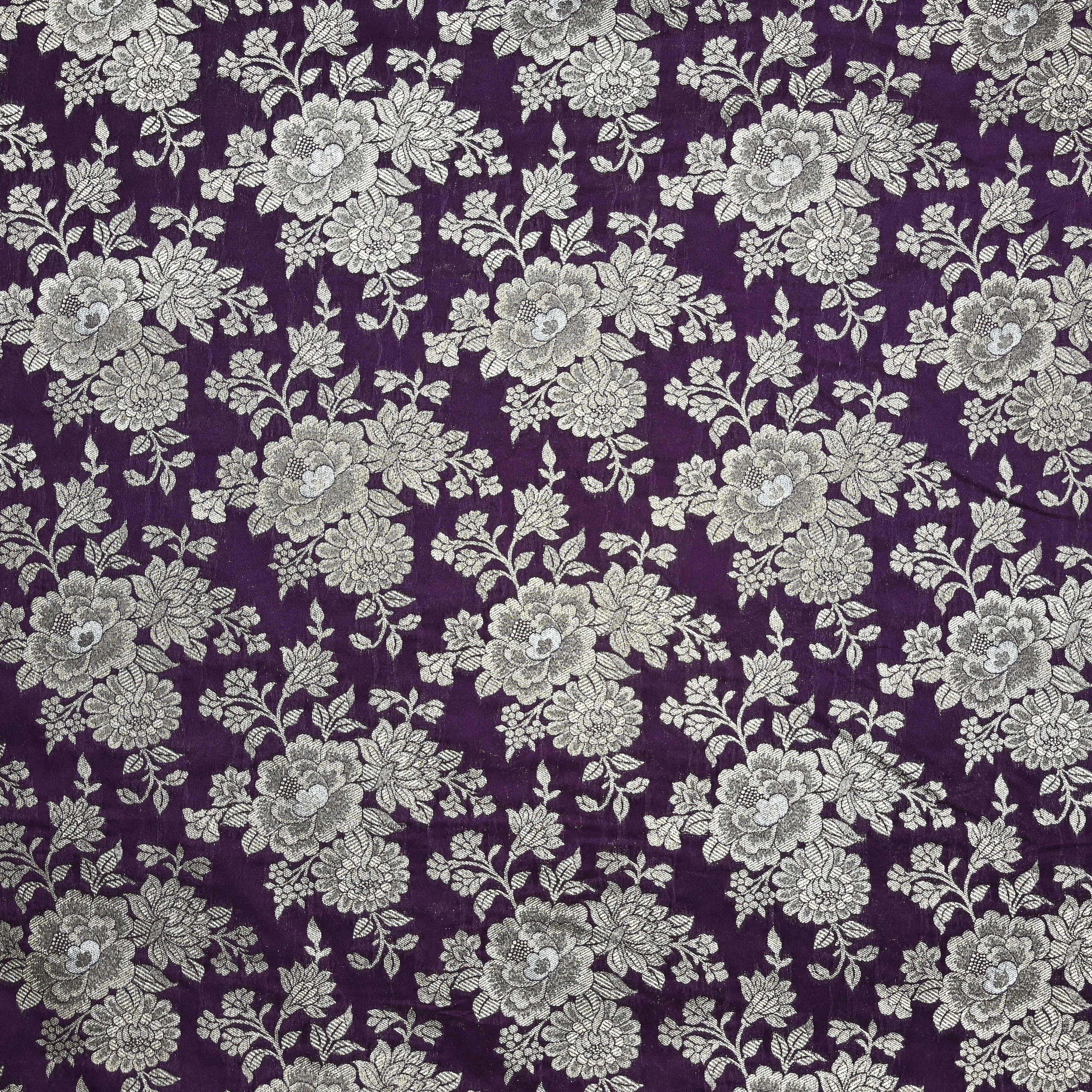 Dark Purple Jamawar Silk Fabric With Huge Floral Jaal