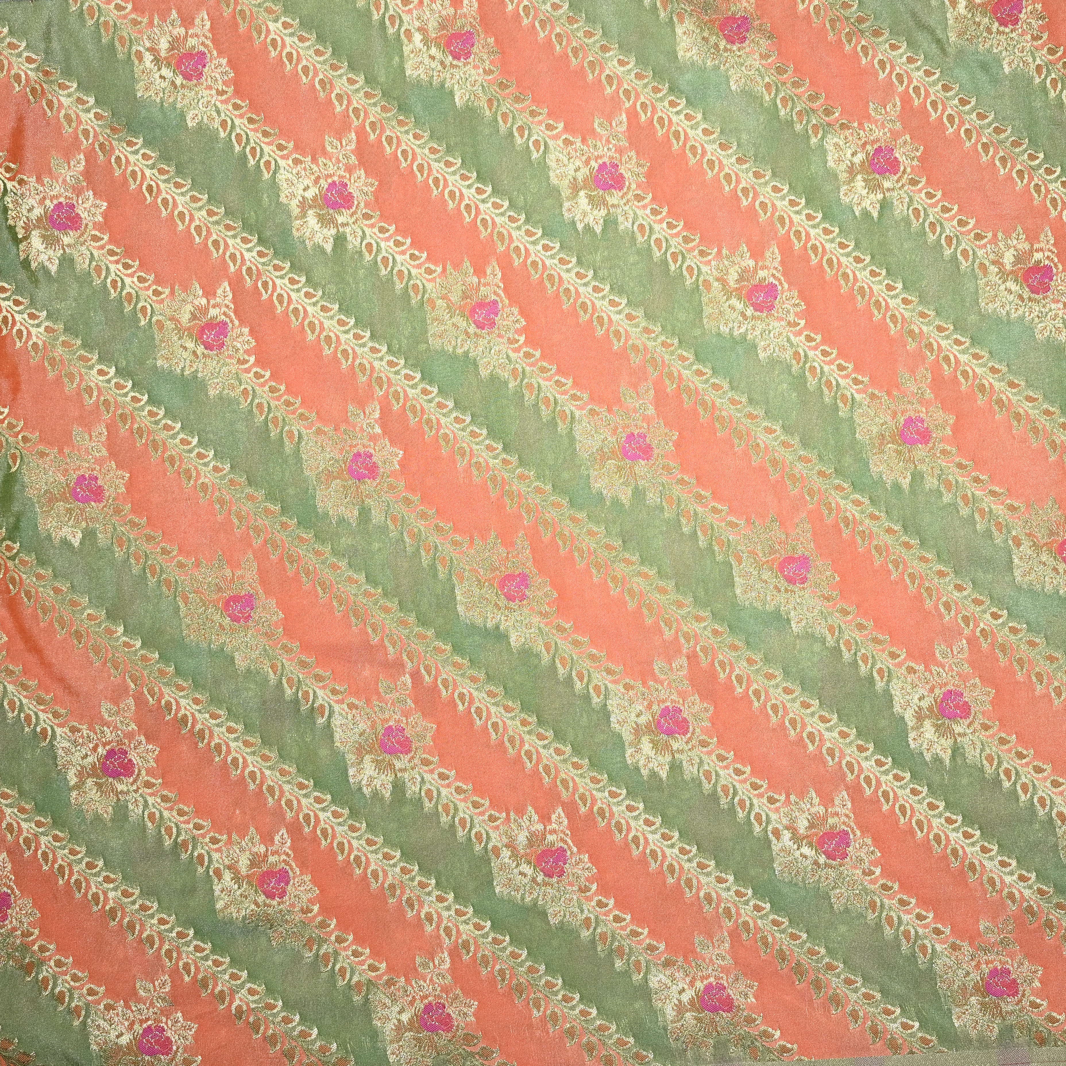 Pastel Green And Peach Jamawar Silk Fabric With Leheriya Pattern