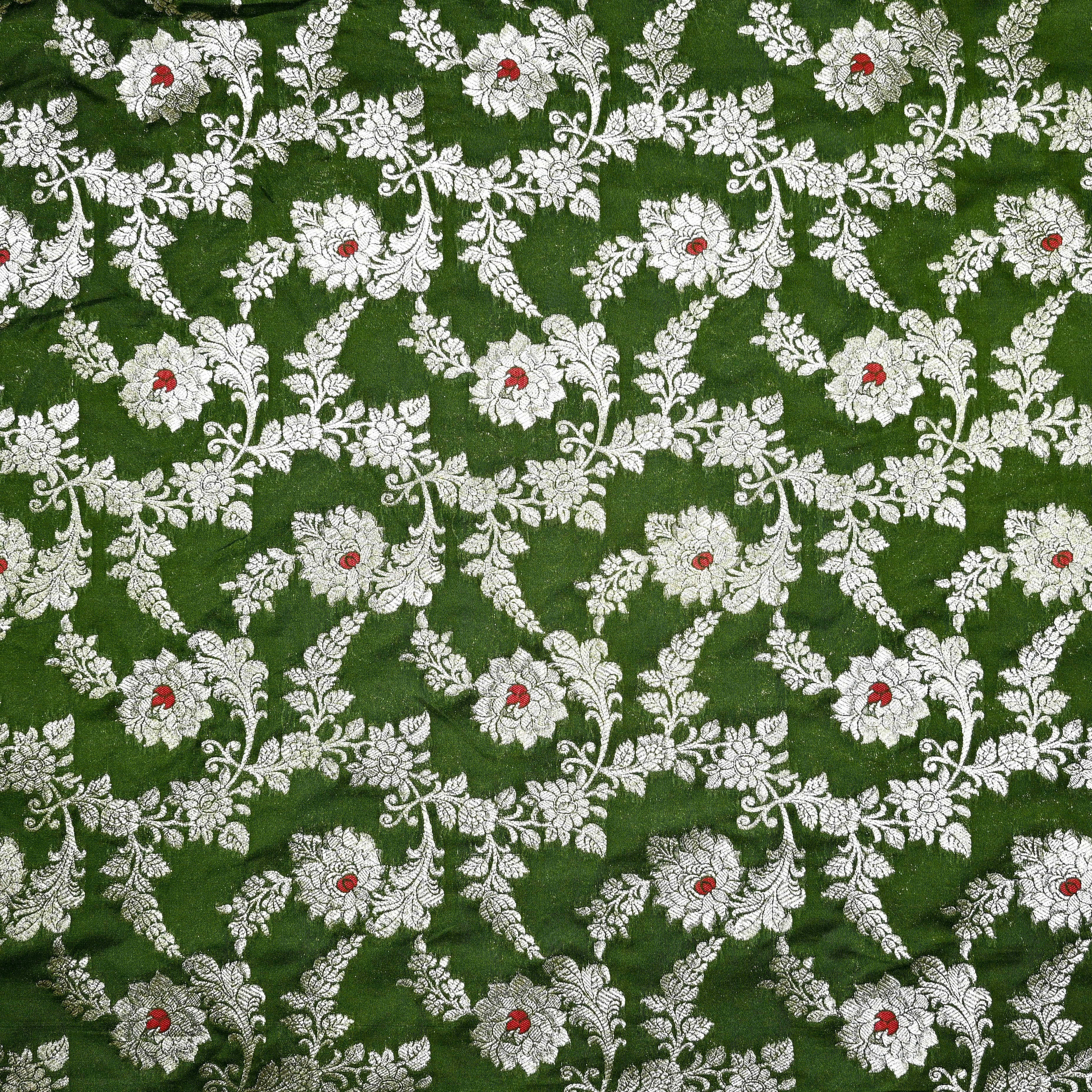 Moss Green Banaras Fabric With Floral Jaal