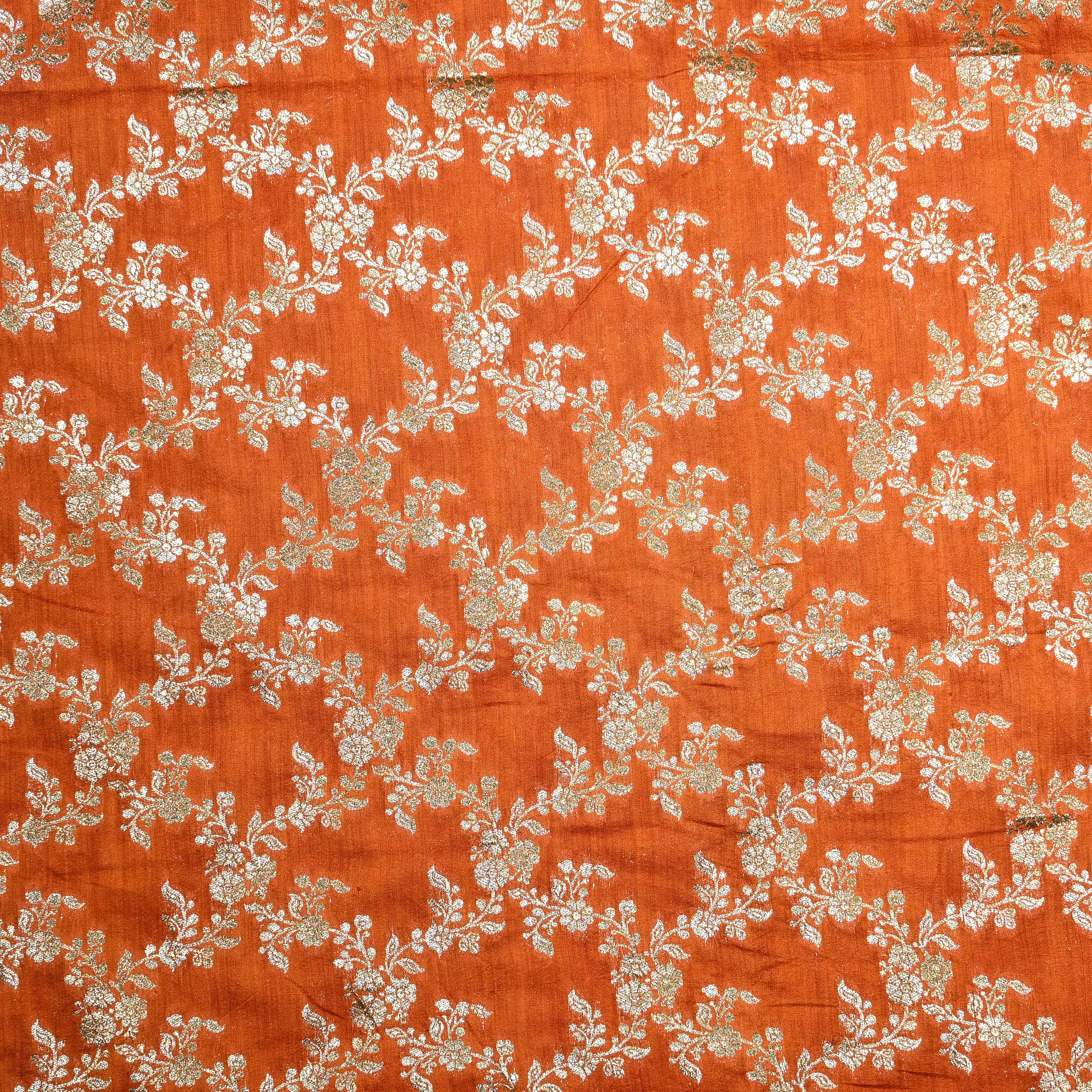 Sunset Orange Jamawar Silk Fabric With Floral Jaal