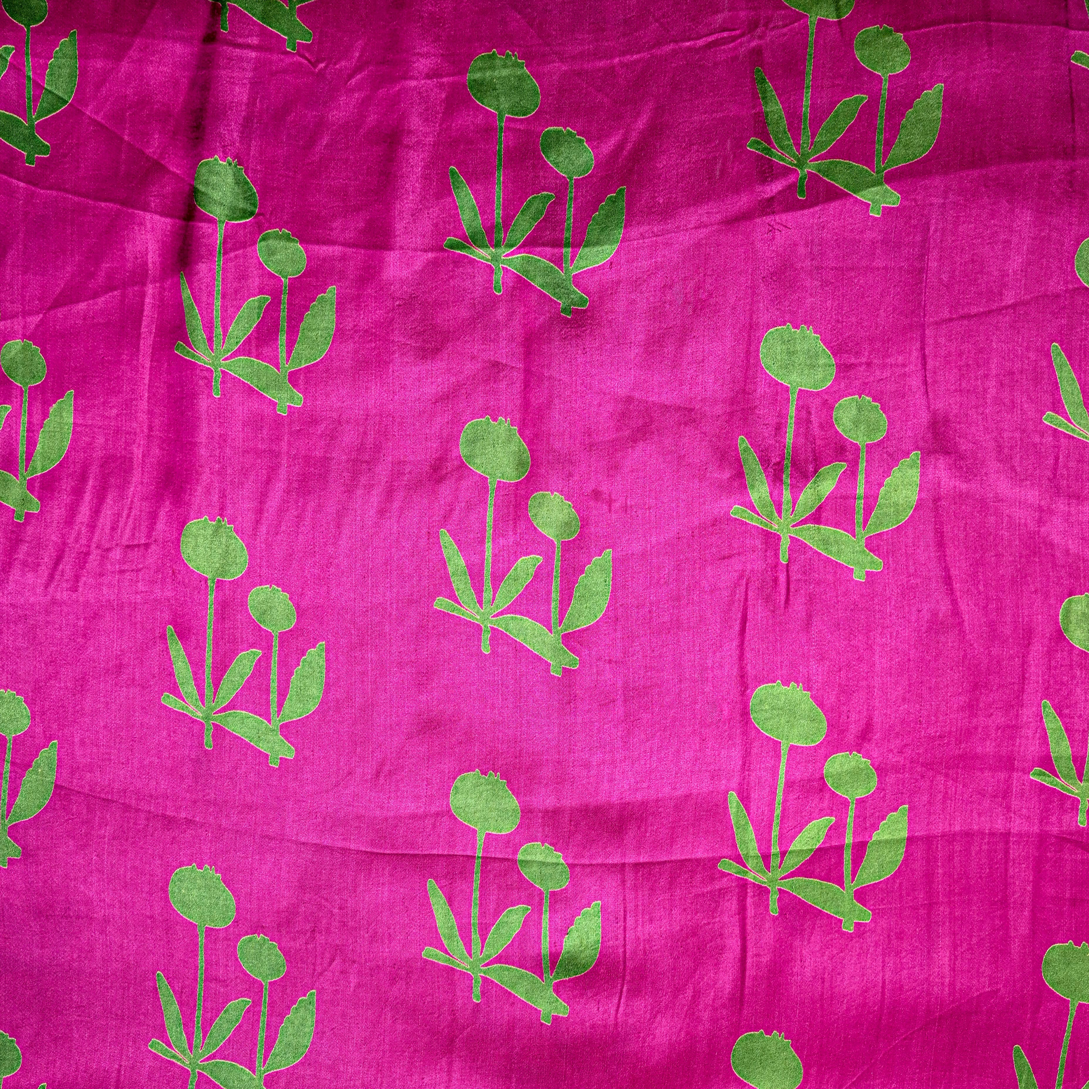 Hot Pink Satin Fabric With Printed Design