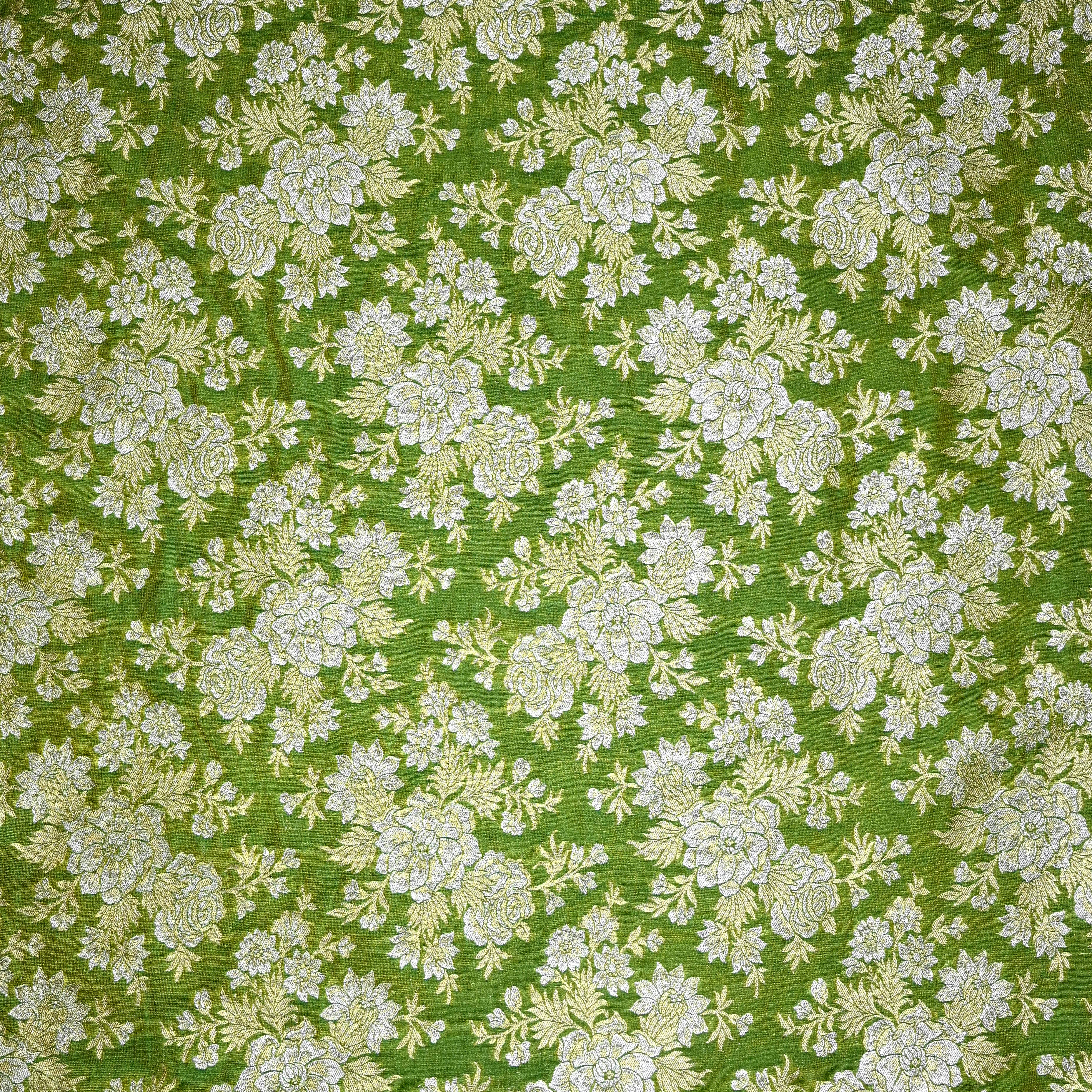 Kelly Green Jamawar Silk Fabric With Floral Jaal