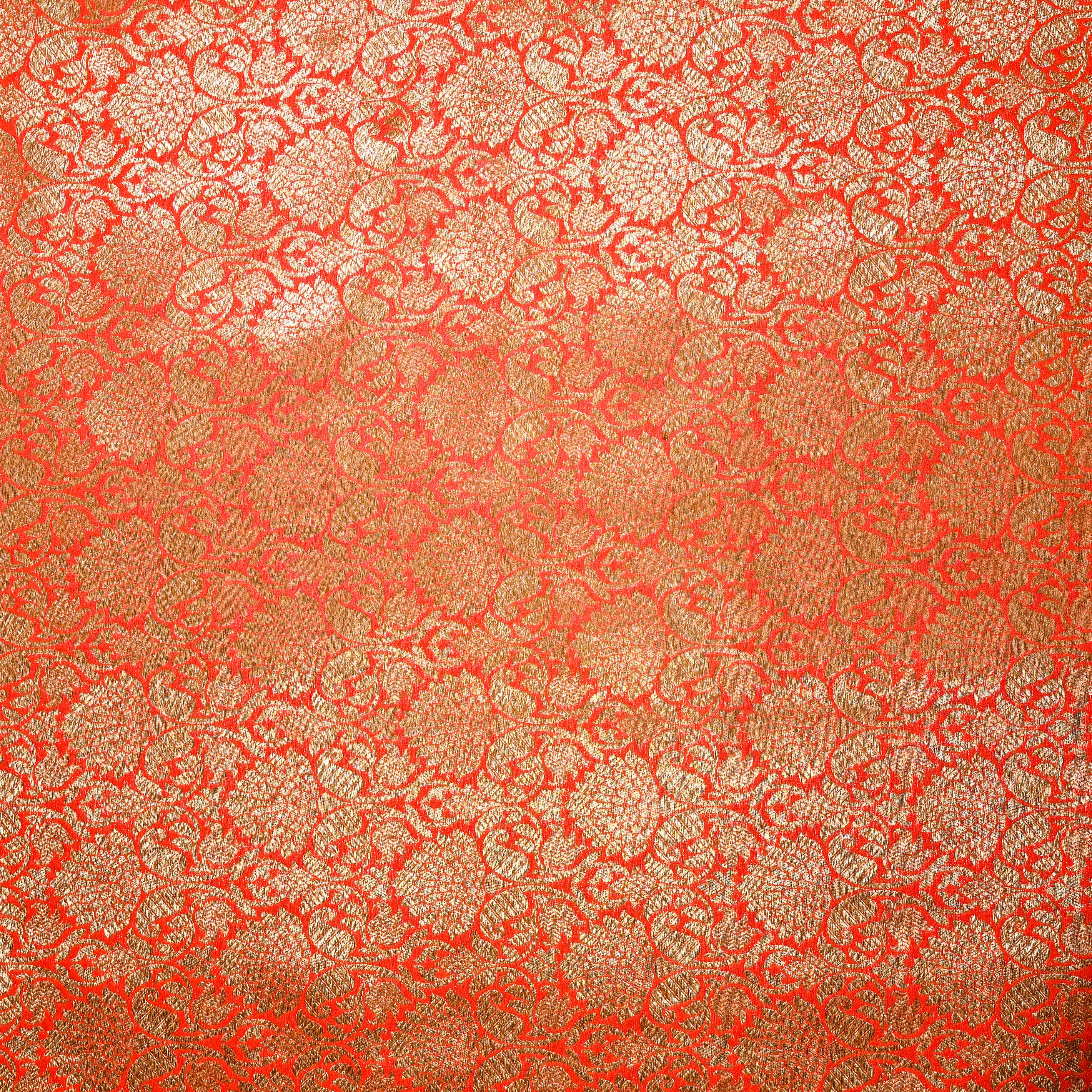 Orangish Red Jamawar Silk Fabric With Floral Jaal Weaving