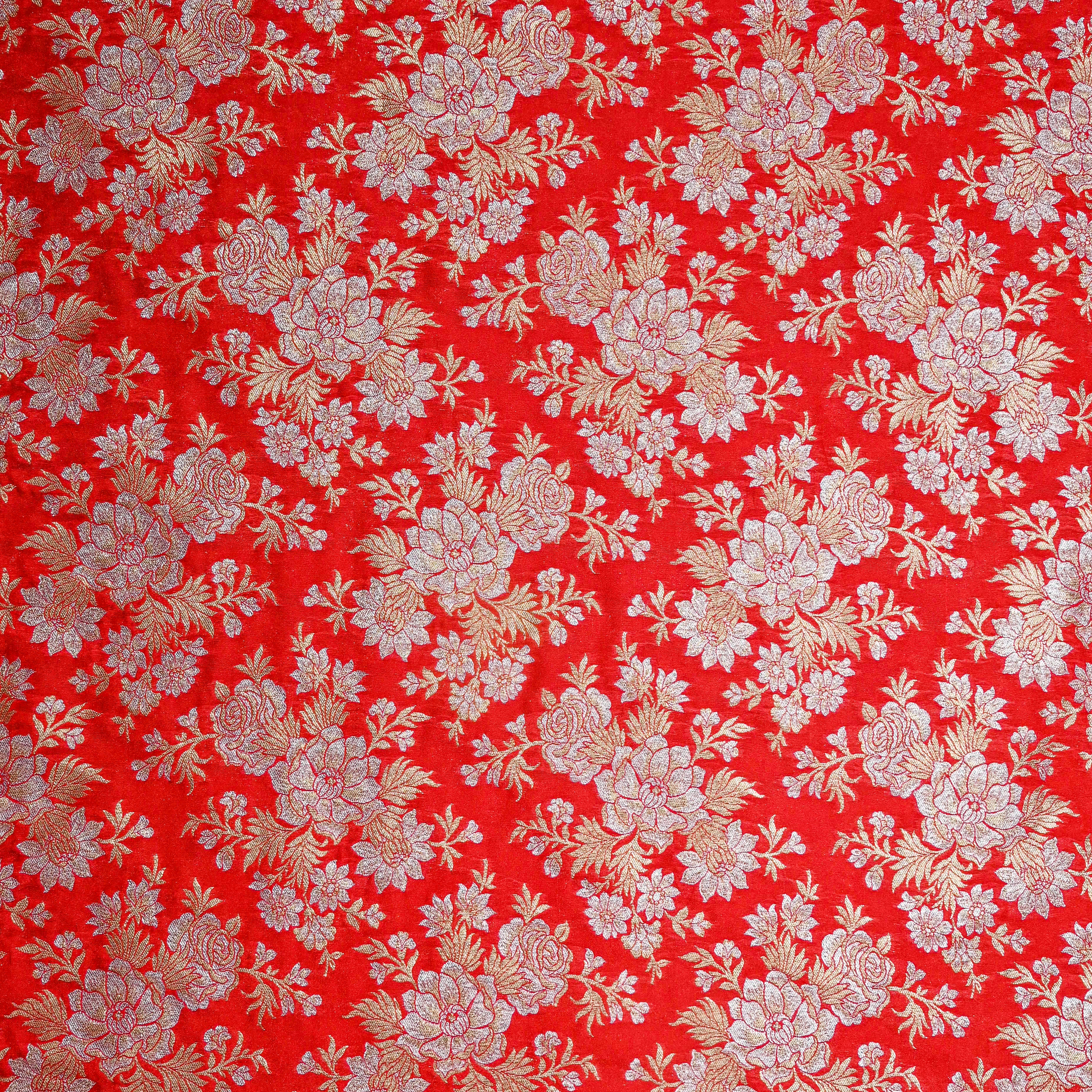 Red Jamawar Silk Fabric With Floral Jaal