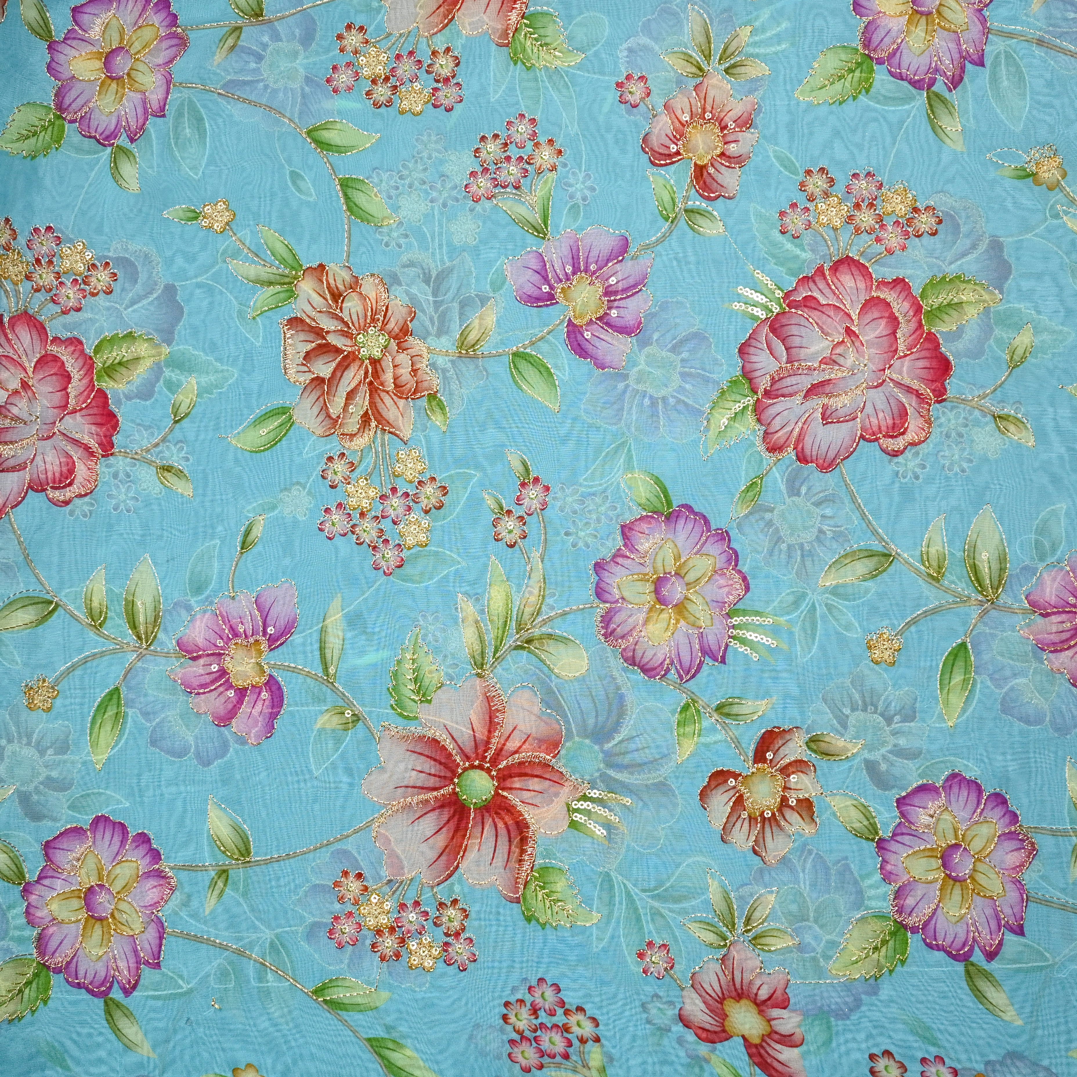 Sky Blue Organza Fabric With Printed Embroidery