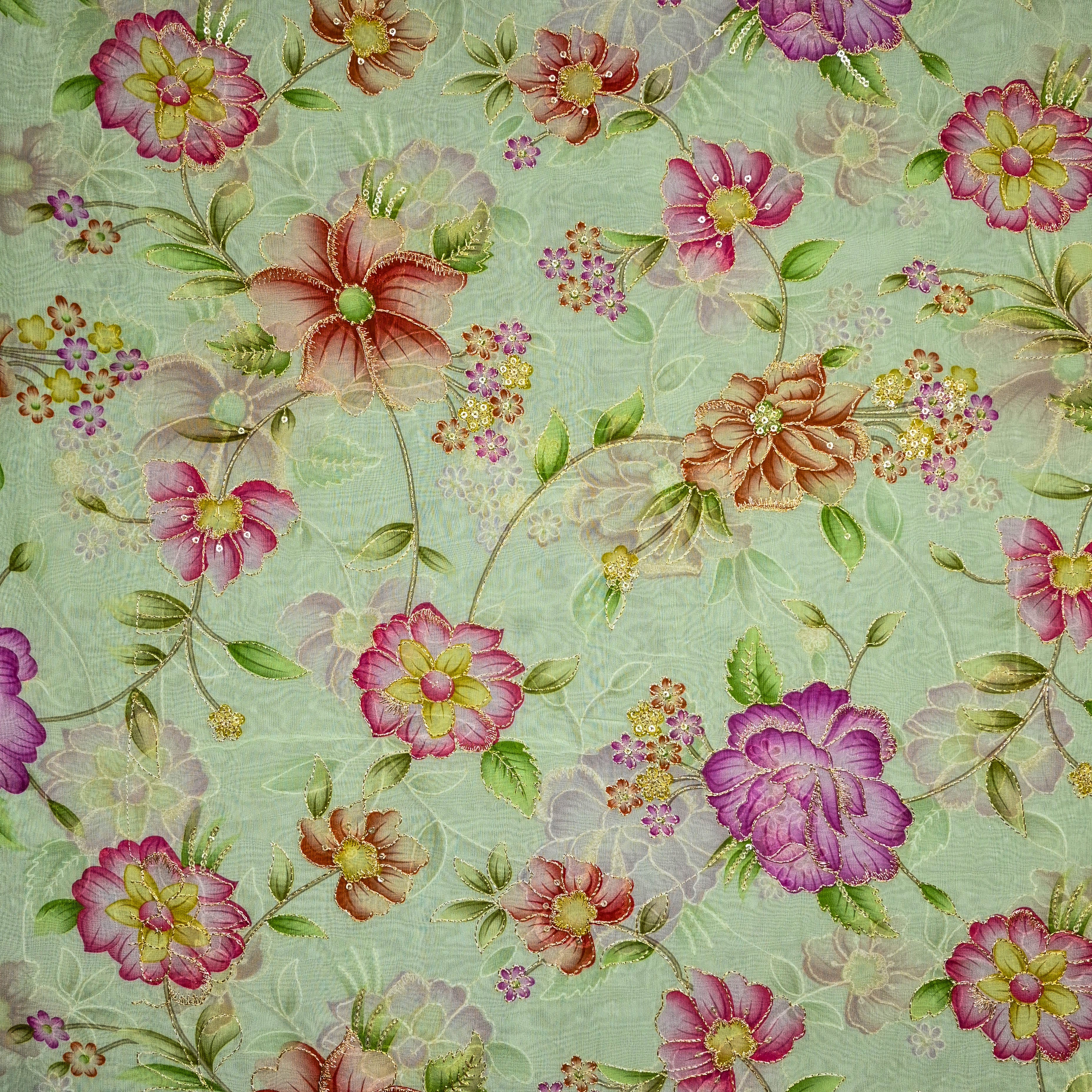 Tea Green Organza Fabric With Printed Embroidery