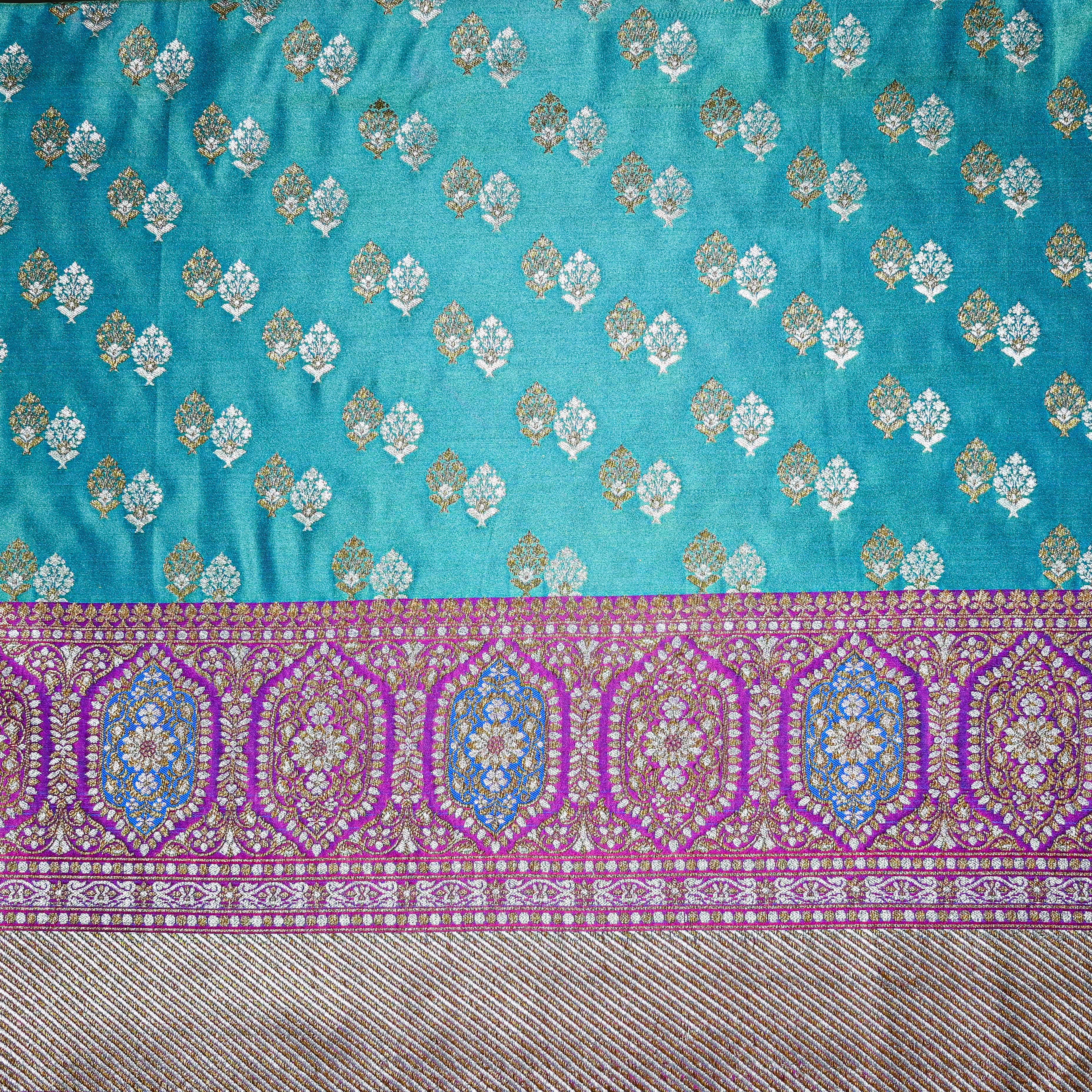 Light Blue Banaras Silk Fabric With Contrast Border