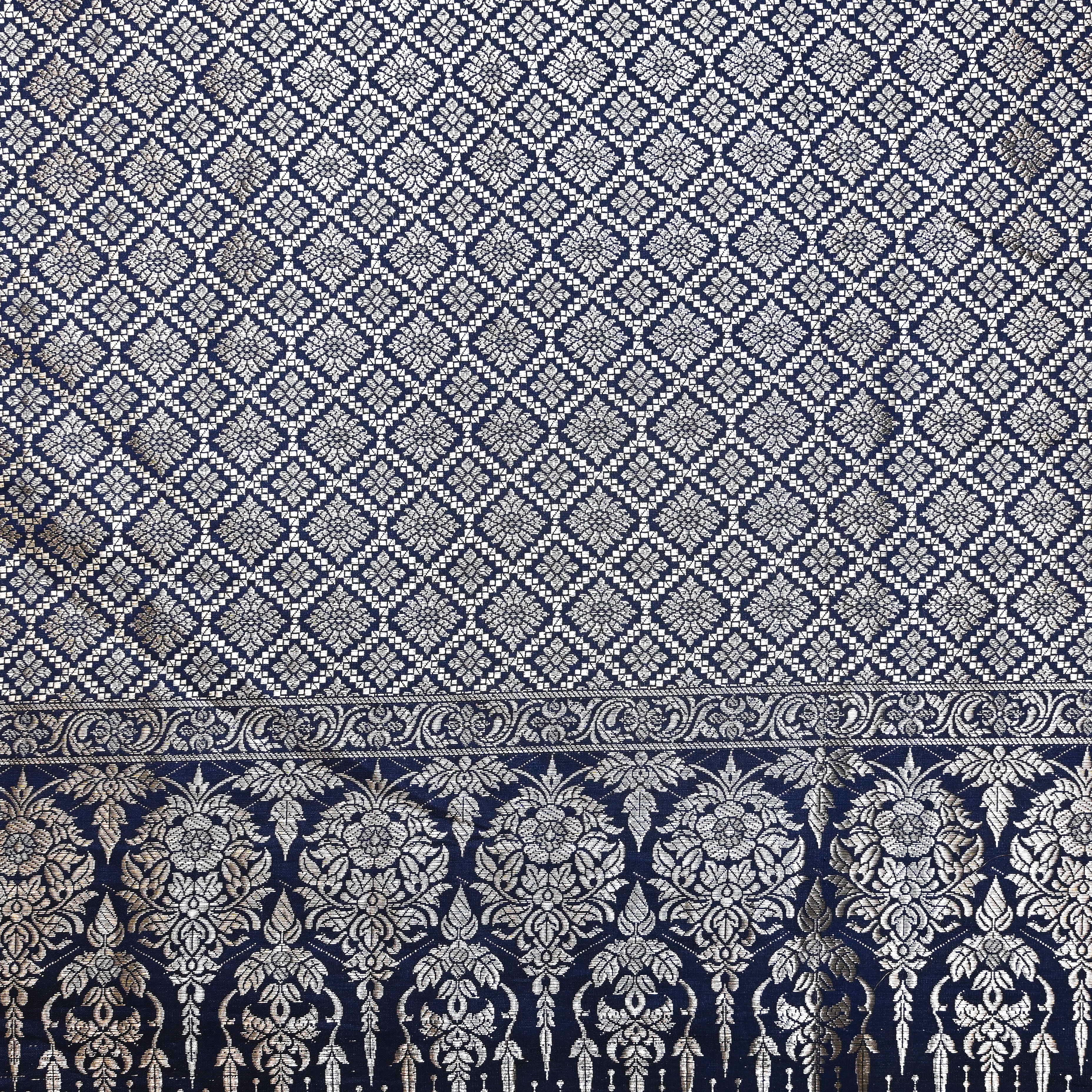 Navy Blue Jamawar Silk Fabric